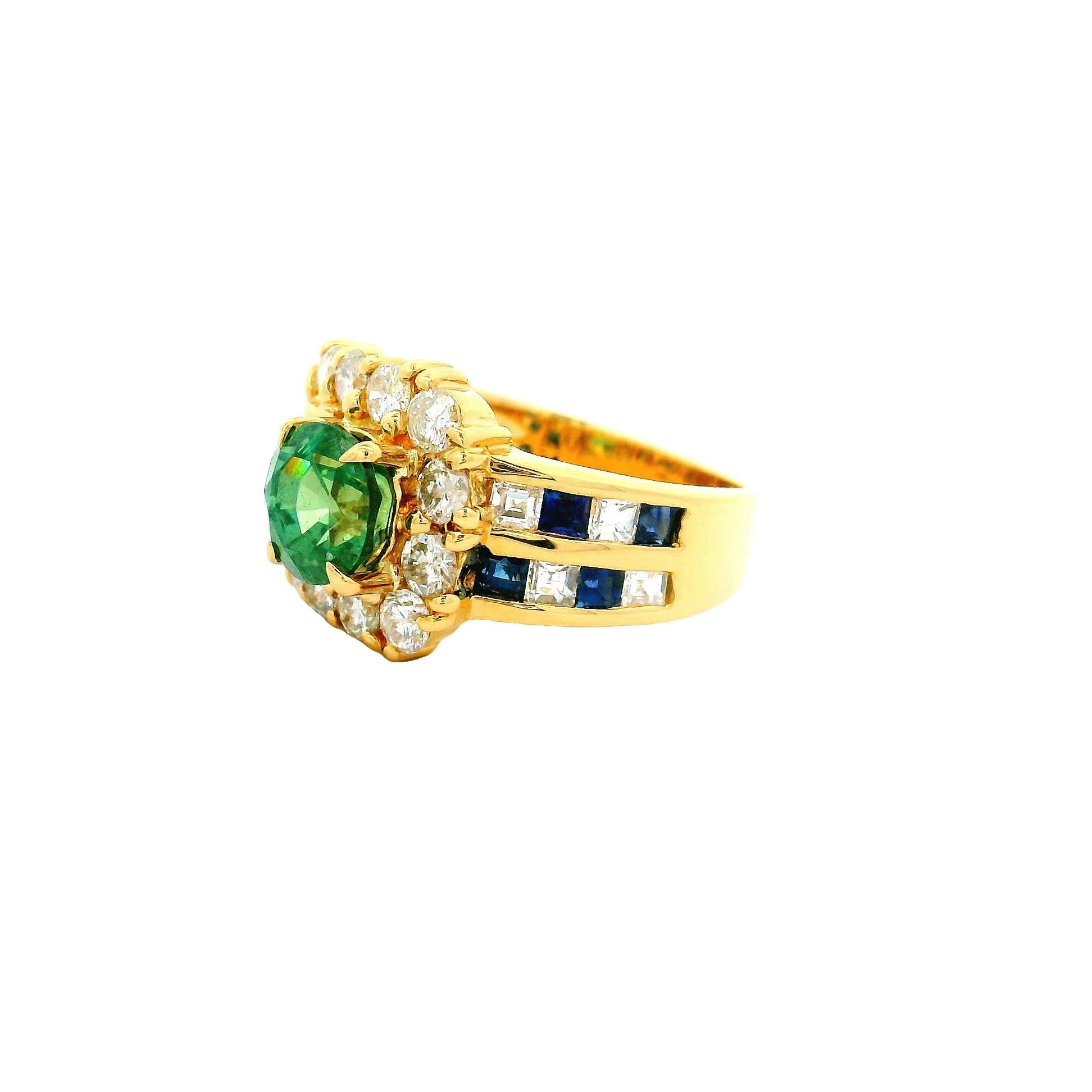 1.64 Carat Demantoid Garnet Diamond Sapphire 18k Yellow Gold Ring