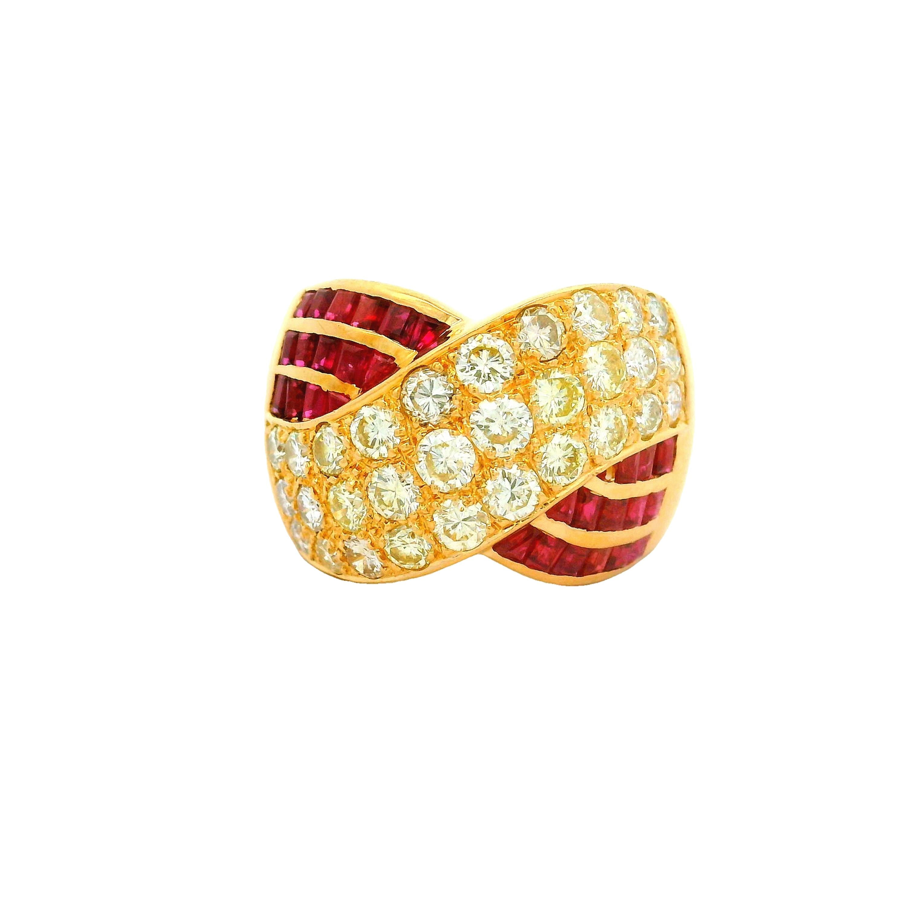Diamond Ruby 18k Yellow Gold Crossing Ring