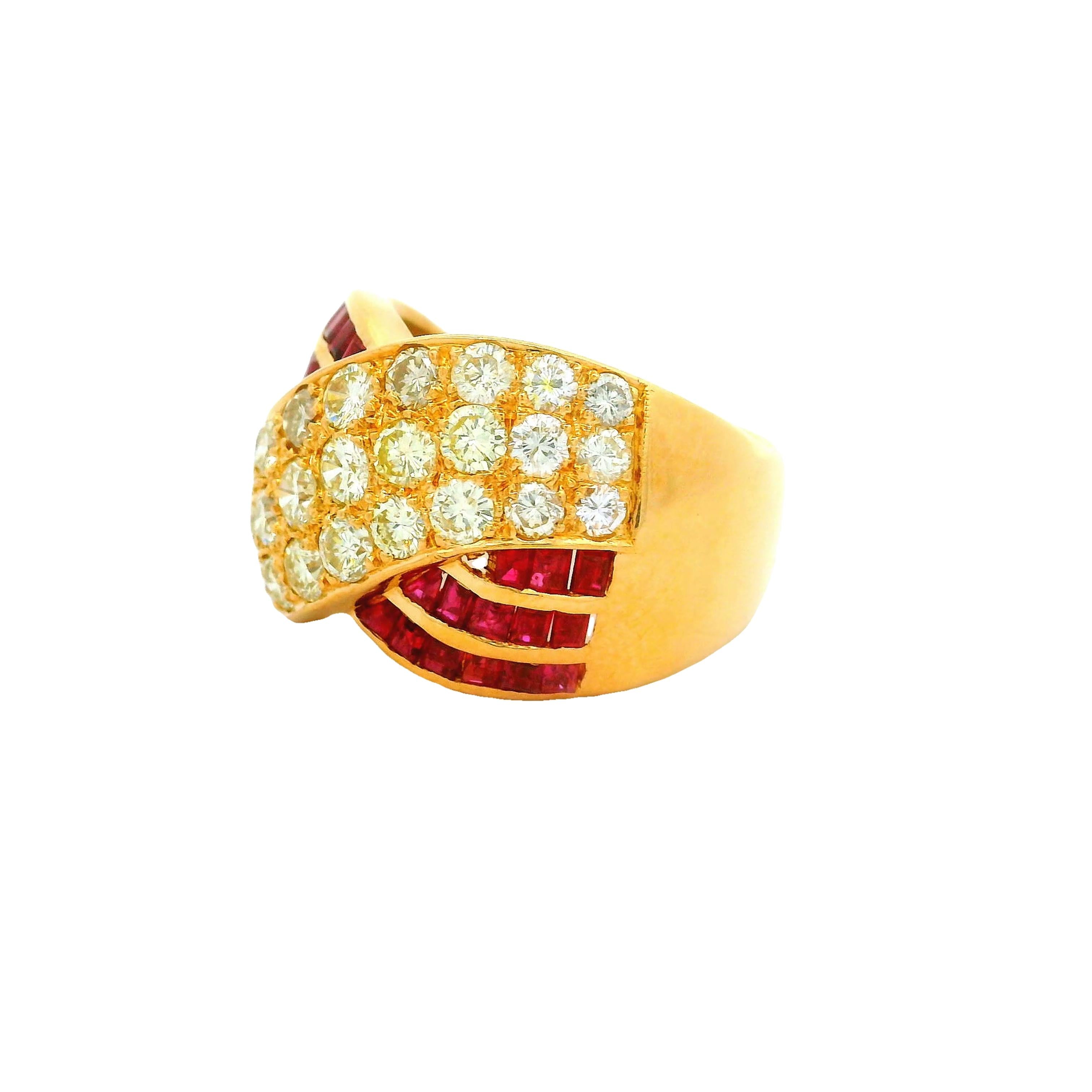 Diamond Ruby 18k Yellow Gold Crossing Ring
