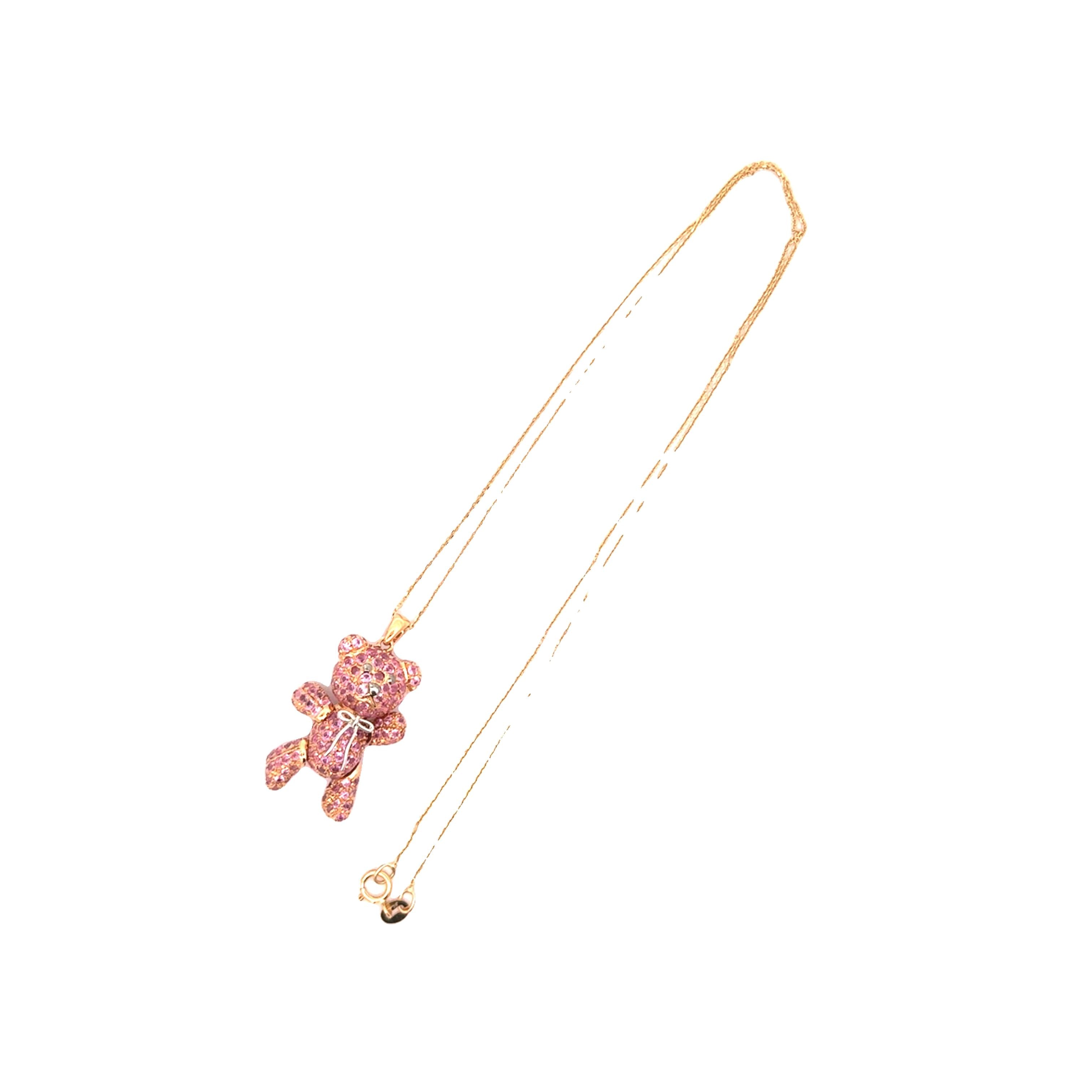 Pink Sapphire 18k Yellow Gold Teddy-Bear Pendant Chain