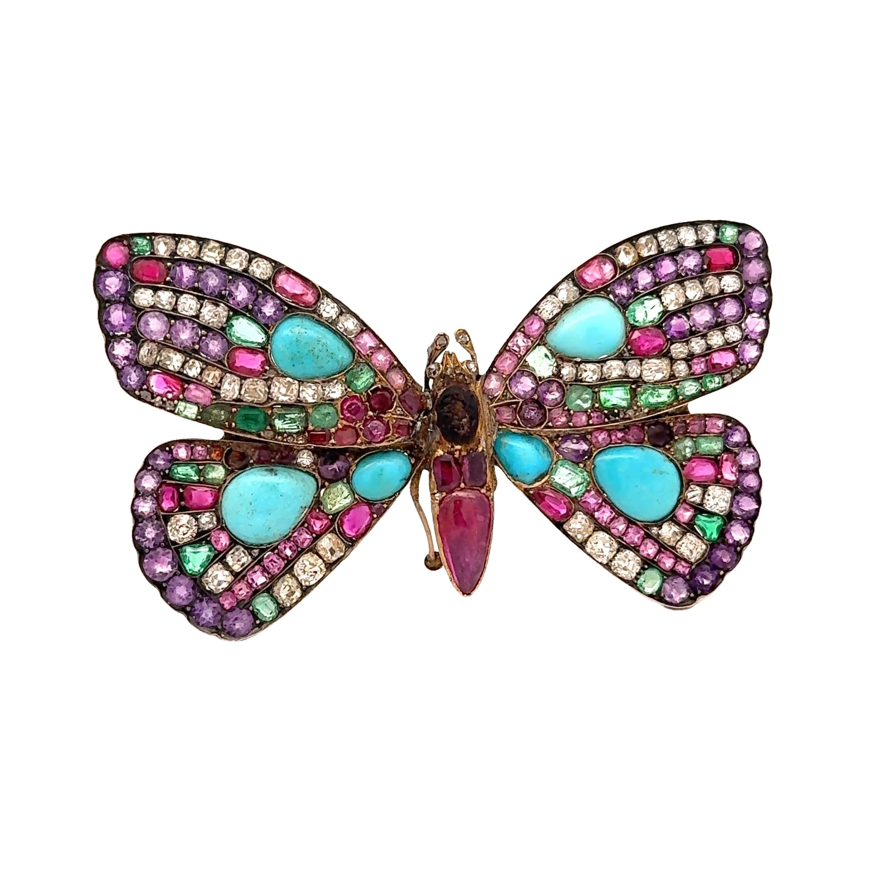 Antique Multi-colored Gemstones Diamond Silver-Topped 14k Yellow Gold Butterfly