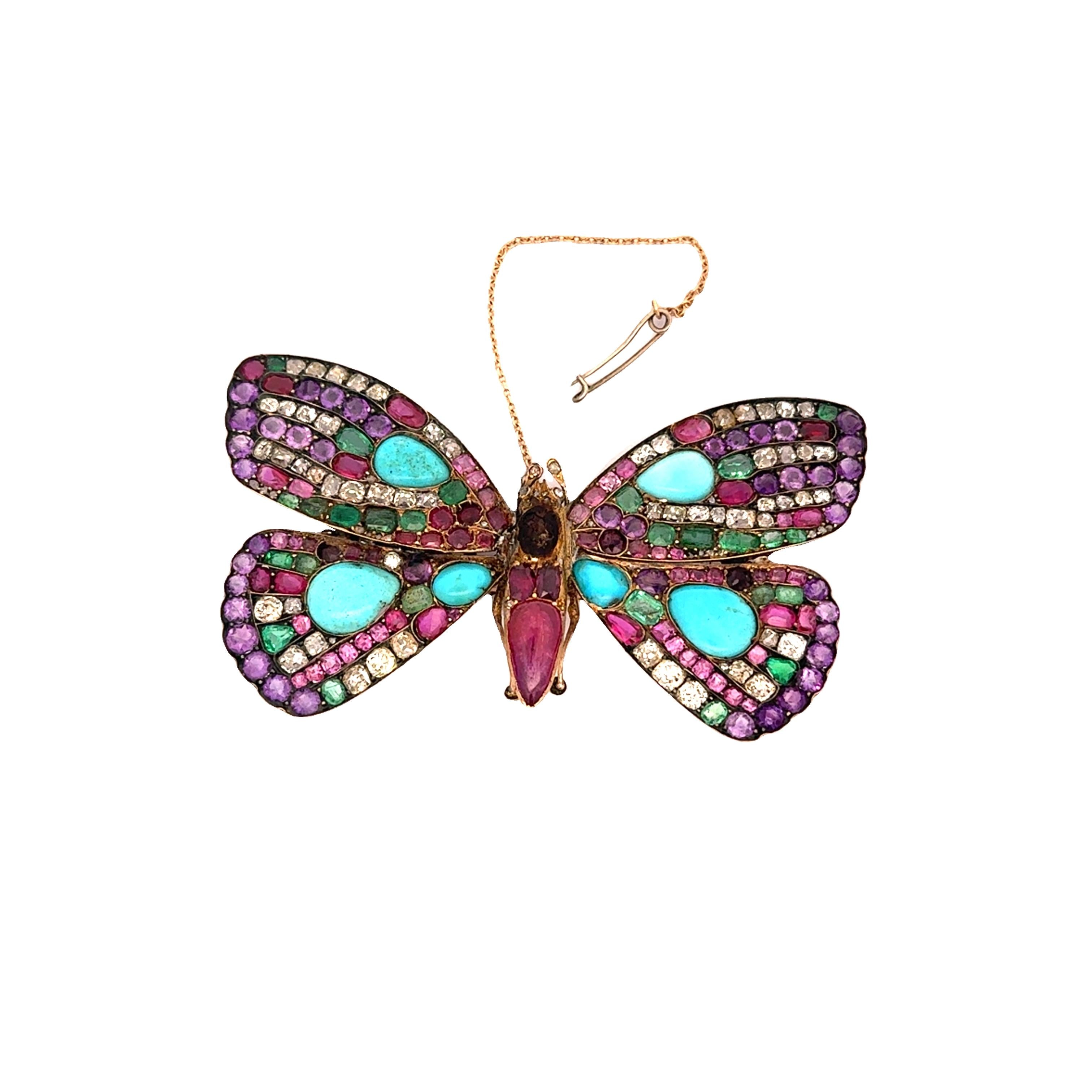 Antique Multi-colored Gemstones Diamond Silver-Topped 14k Yellow Gold Butterfly