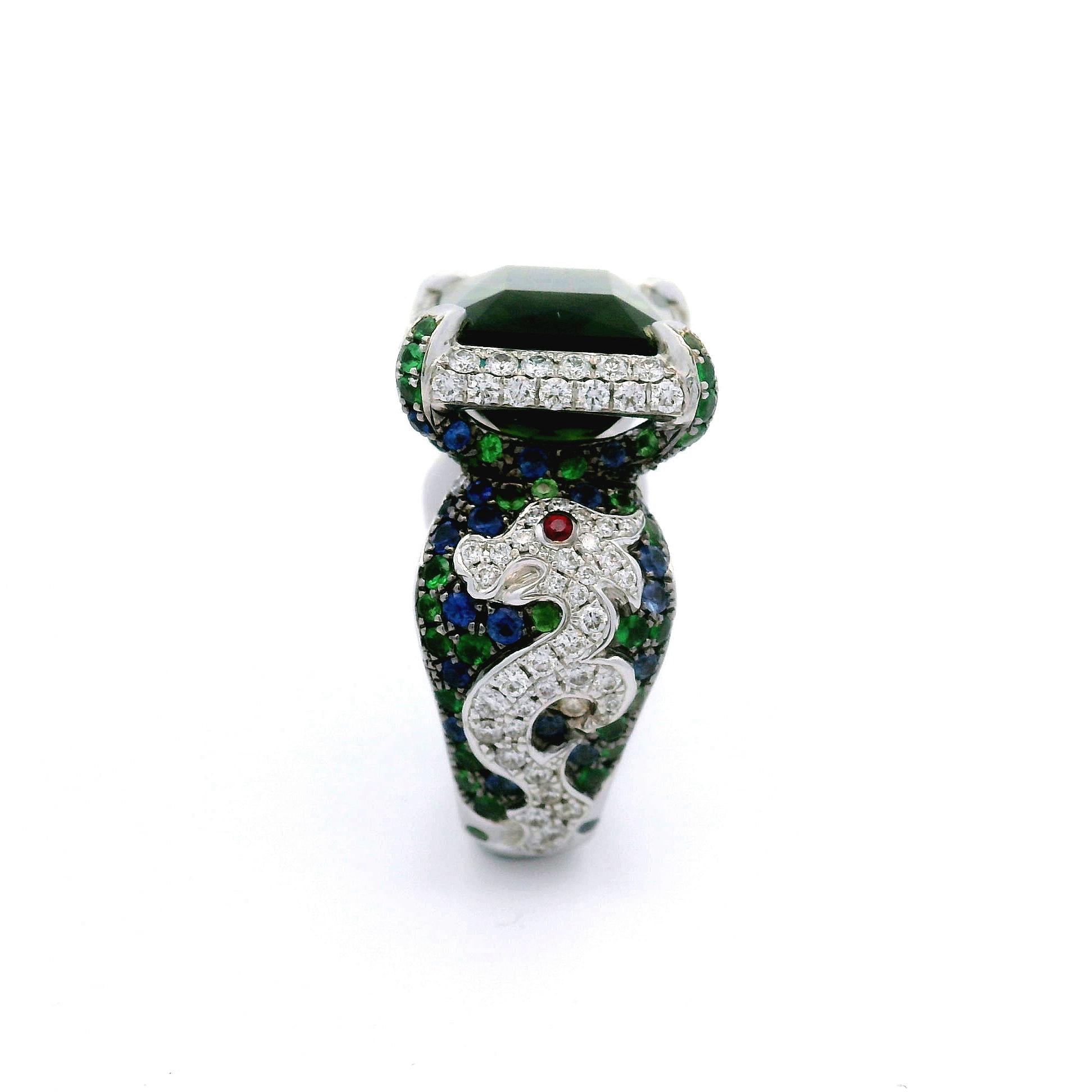 Tourmaline Diamond Ruby Tsavorite Sapphire 18k White Gold Cocktail Ring