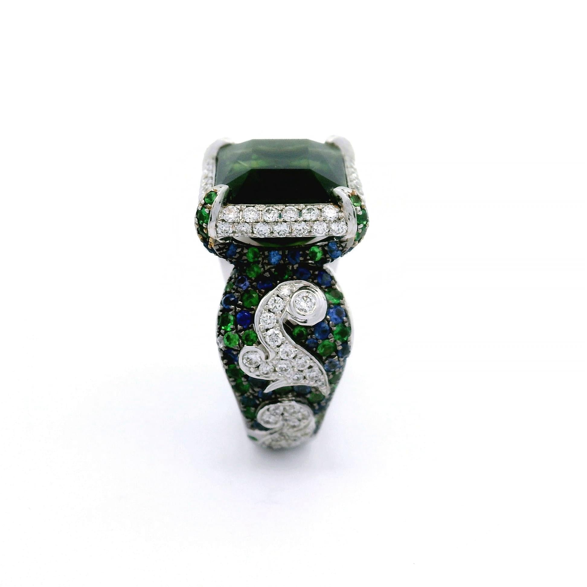 Tourmaline Diamond Ruby Tsavorite Sapphire 18k White Gold Cocktail Ring