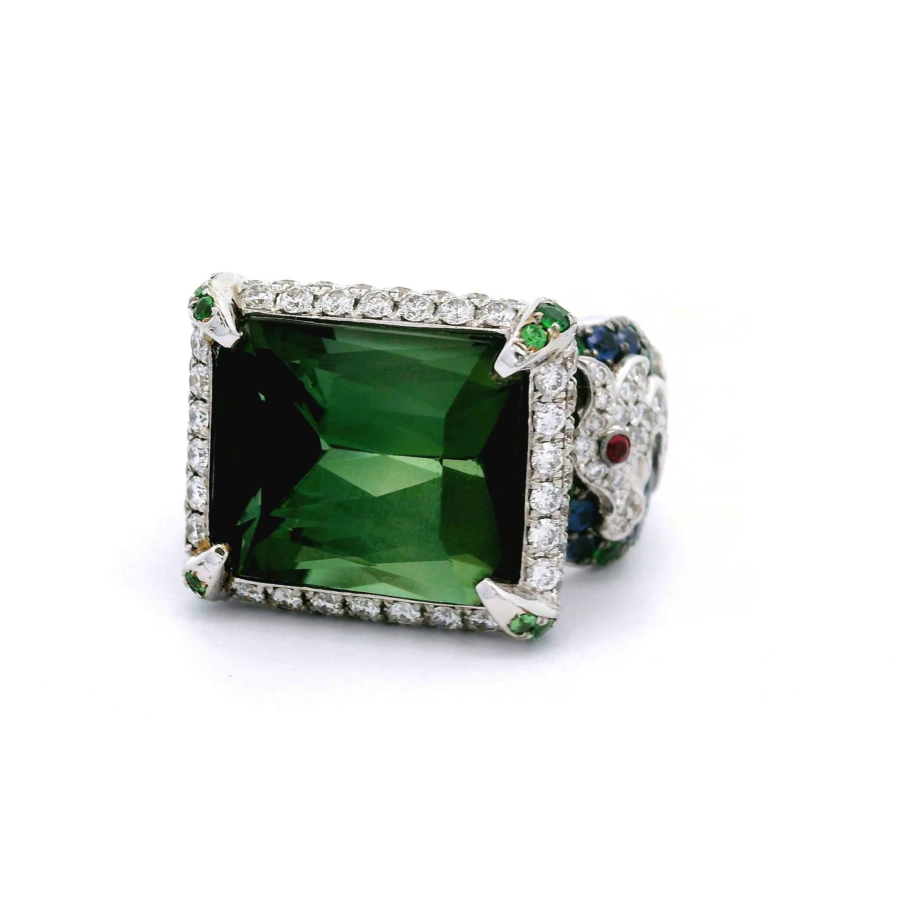 Tourmaline Diamond Ruby Tsavorite Sapphire 18k White Gold Cocktail Ring
