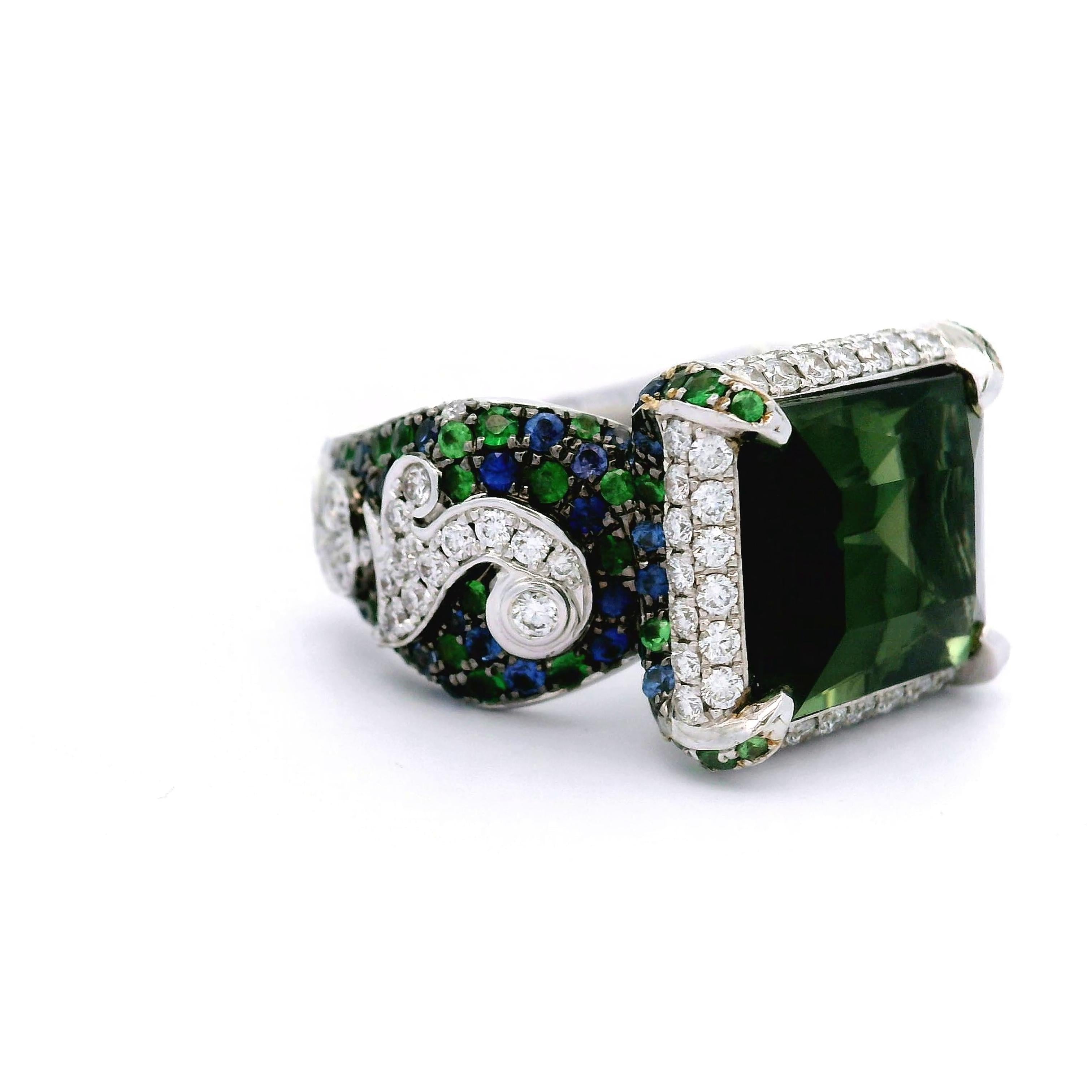 Tourmaline Diamond Ruby Tsavorite Sapphire 18k White Gold Cocktail Ring