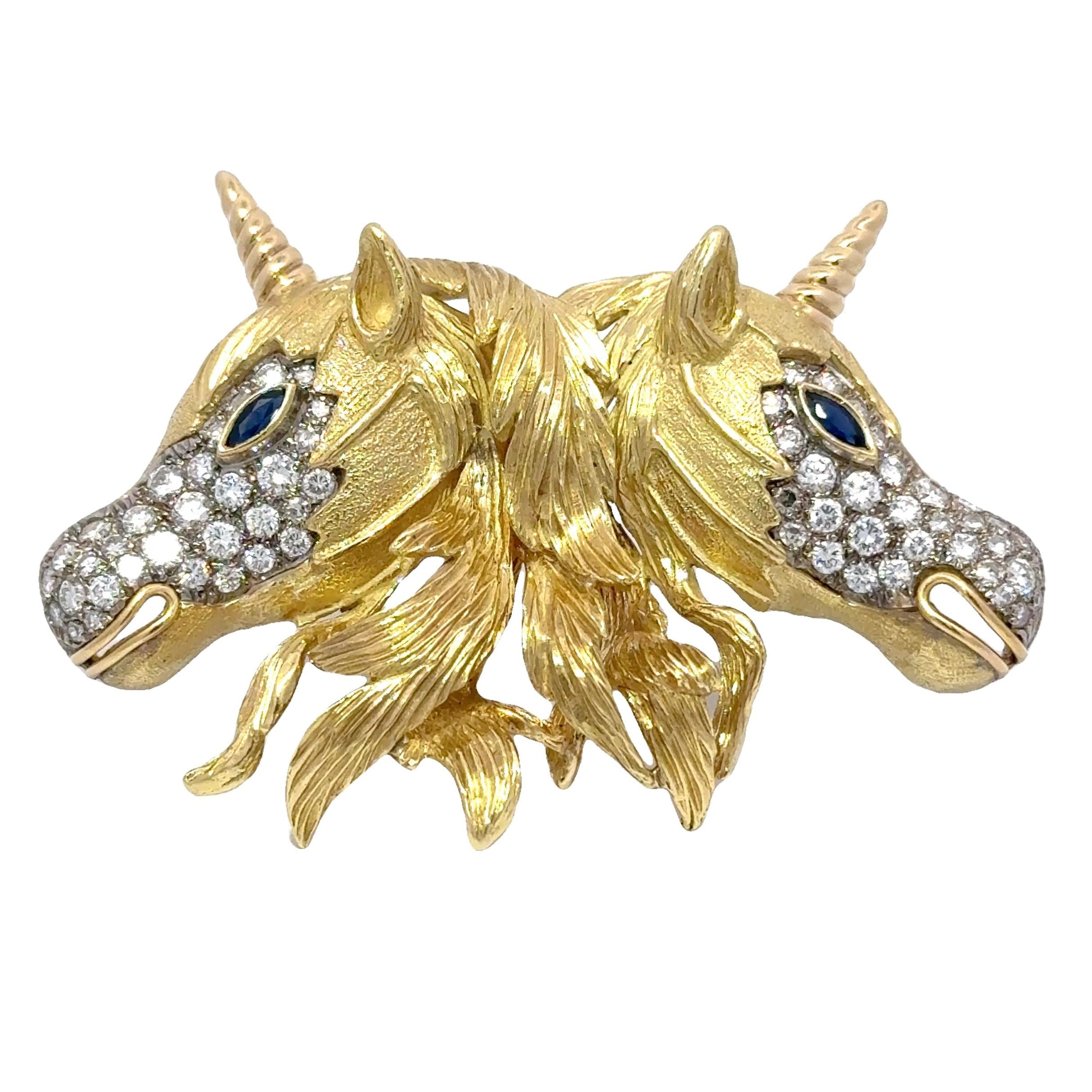 Diamond Sapphire 18k Yellow Gold Double-Unicorn Pin Brooch