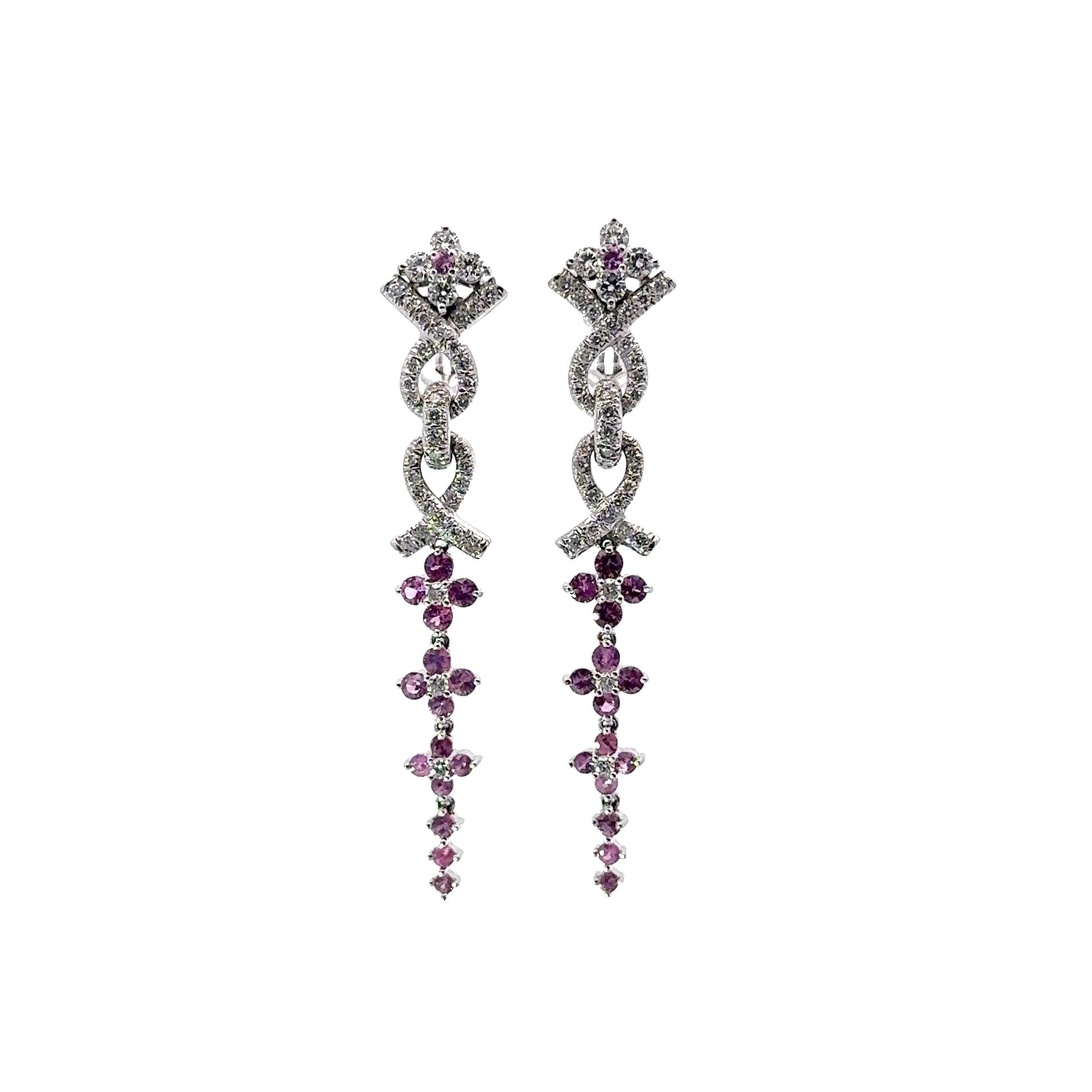 Jean Vitau Pink Sapphire Diamond 18k White Gold Long Drop Clip Earrings