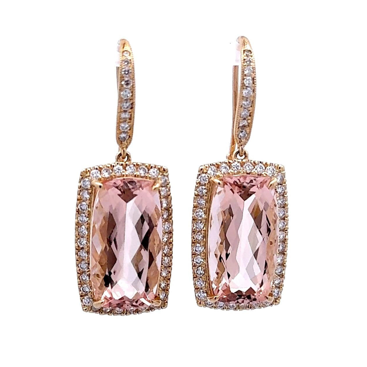 19.28 Carats Morganite Diamond 14k Yellow Gold Halo Hook Dangle Earrings