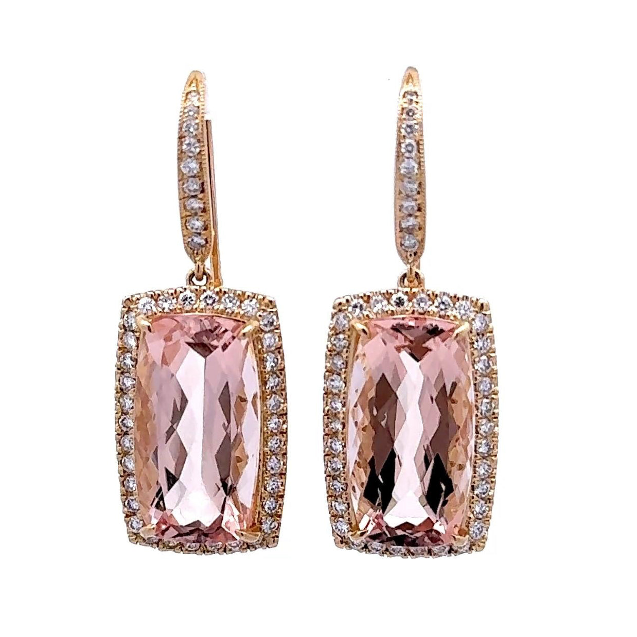 19.28 Carats Morganite Diamond 14k Yellow Gold Halo Hook Dangle Earrings