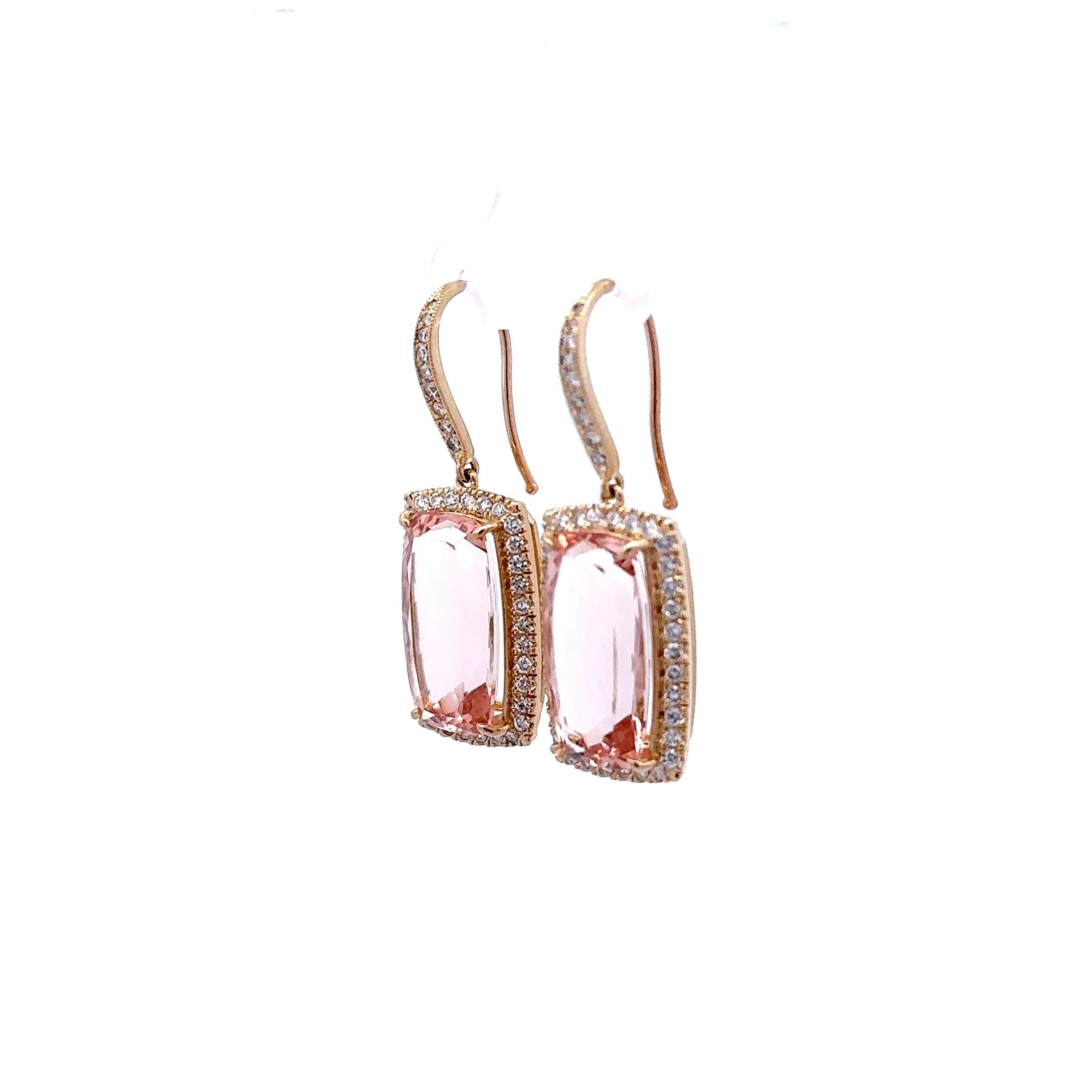 19.28 Carats Morganite Diamond 14k Yellow Gold Halo Hook Dangle Earrings