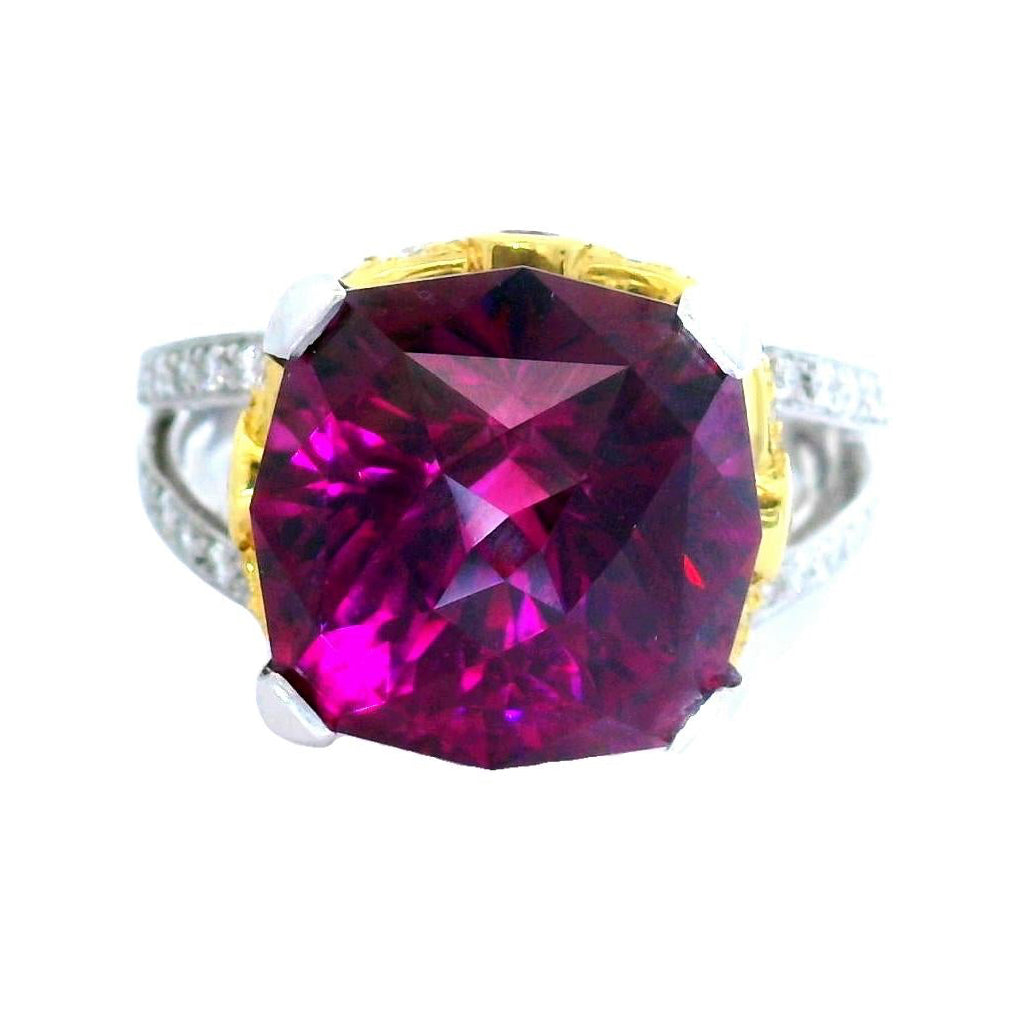 14.18 Carat Gem Rhodolite Garnet Diamond Platinum & 18k Yellow Gold Ring