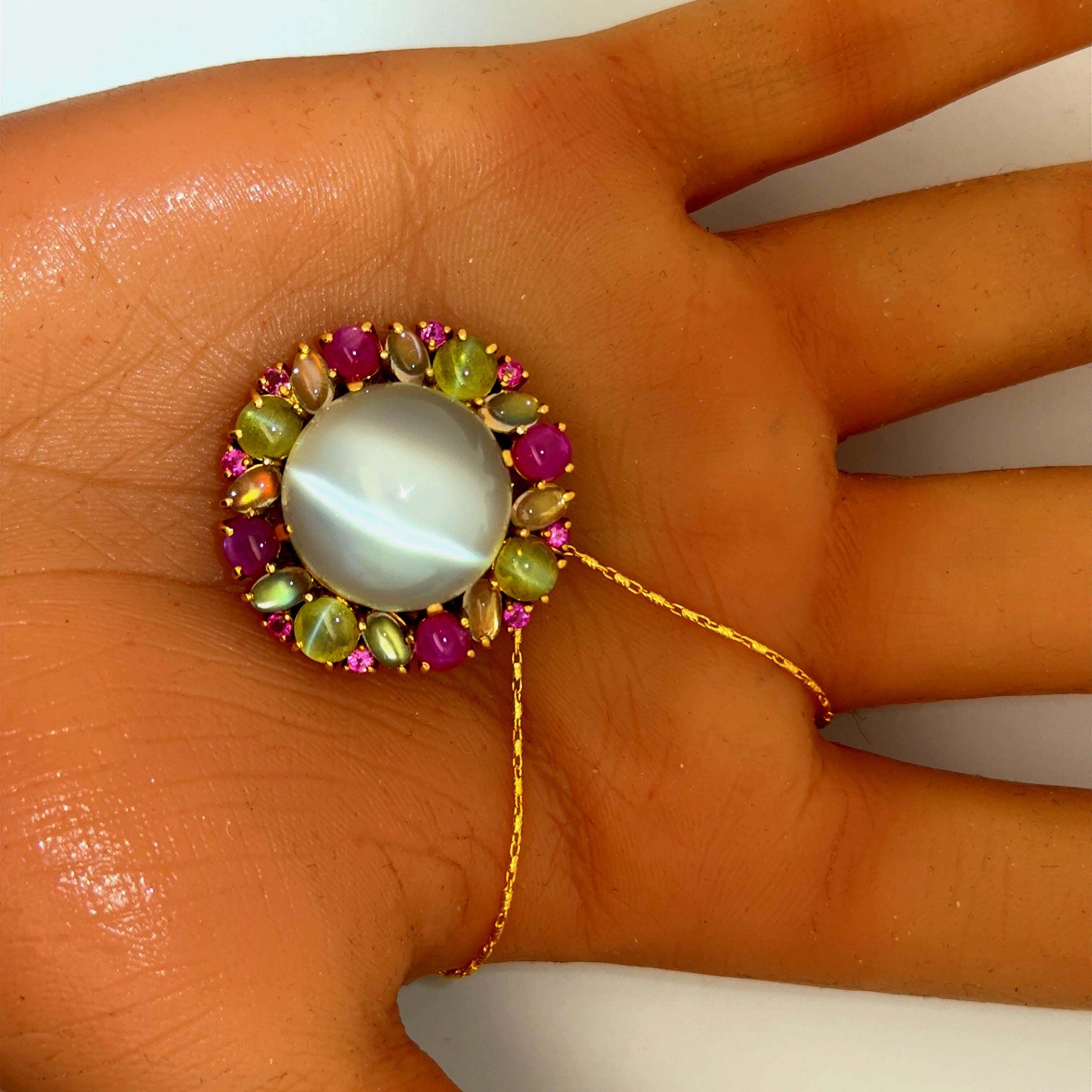 23.77 Carat Cats-Eye Moonstone Multi-Colored Gemstone 18k Yellow Gold Pendant