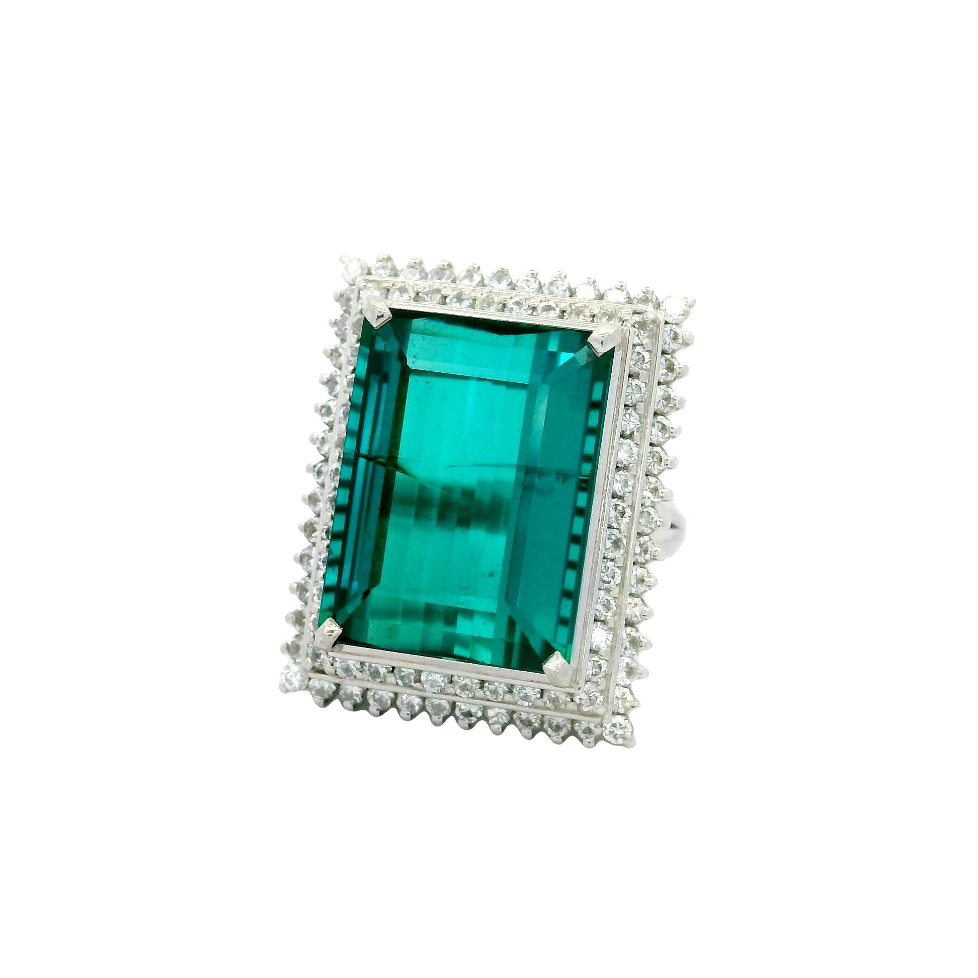 17.79 Carat Indicolite Tourmaline Diamond Platinum Double Halo Cocktail Ring
