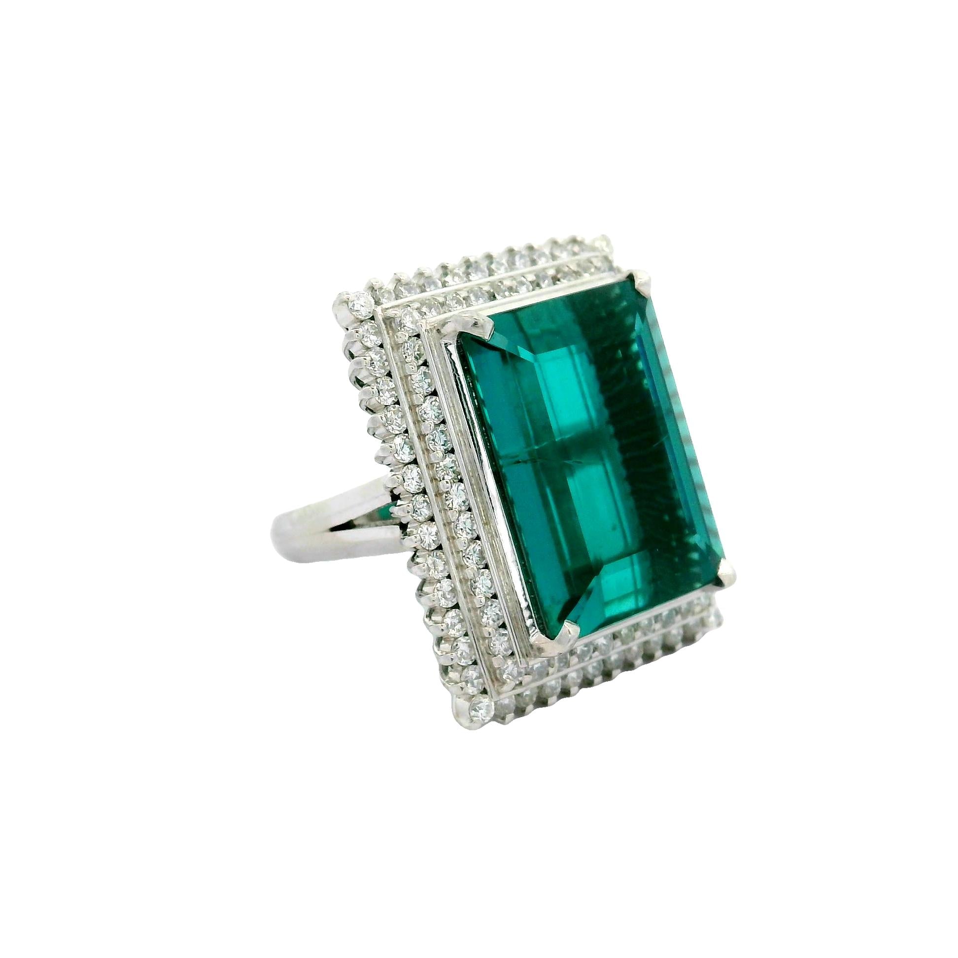 17.79 Carat Indicolite Tourmaline Diamond Platinum Double Halo Cocktail Ring