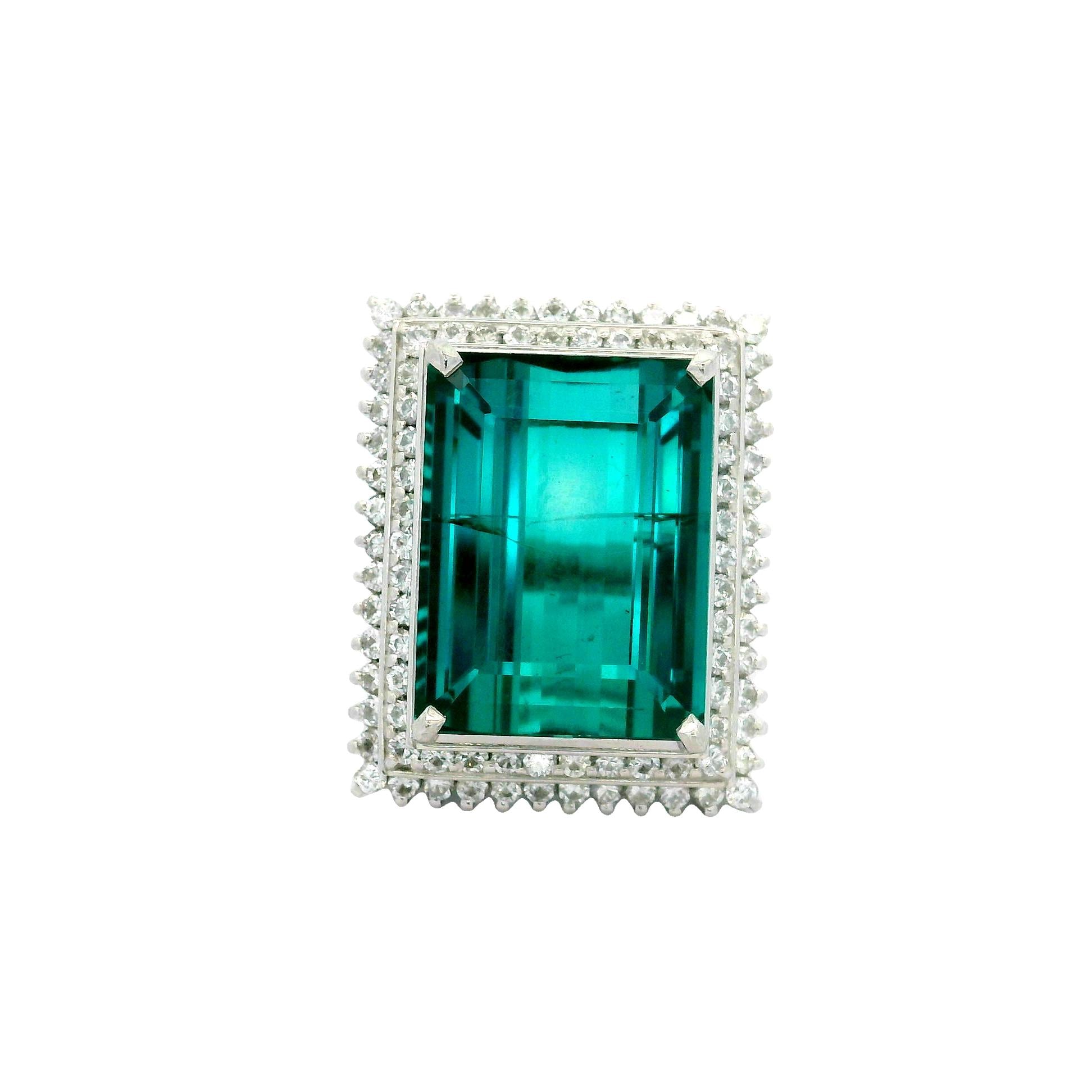 17.79 Carat Indicolite Tourmaline Diamond Platinum Double Halo Cocktail Ring