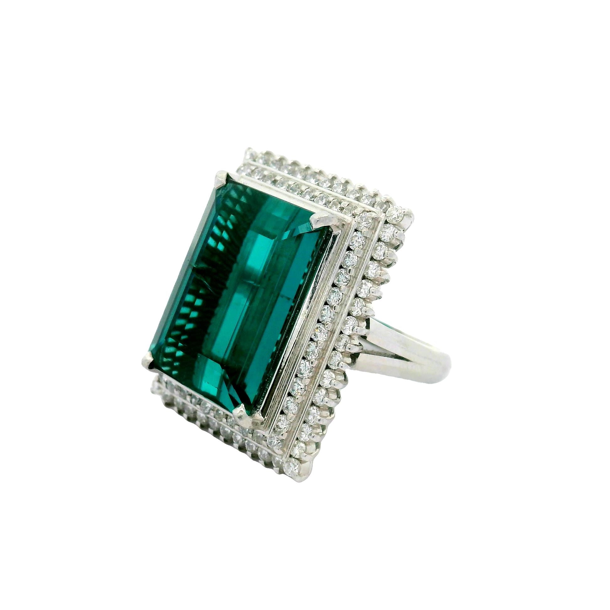 17.79 Carat Indicolite Tourmaline Diamond Platinum Double Halo Cocktail Ring