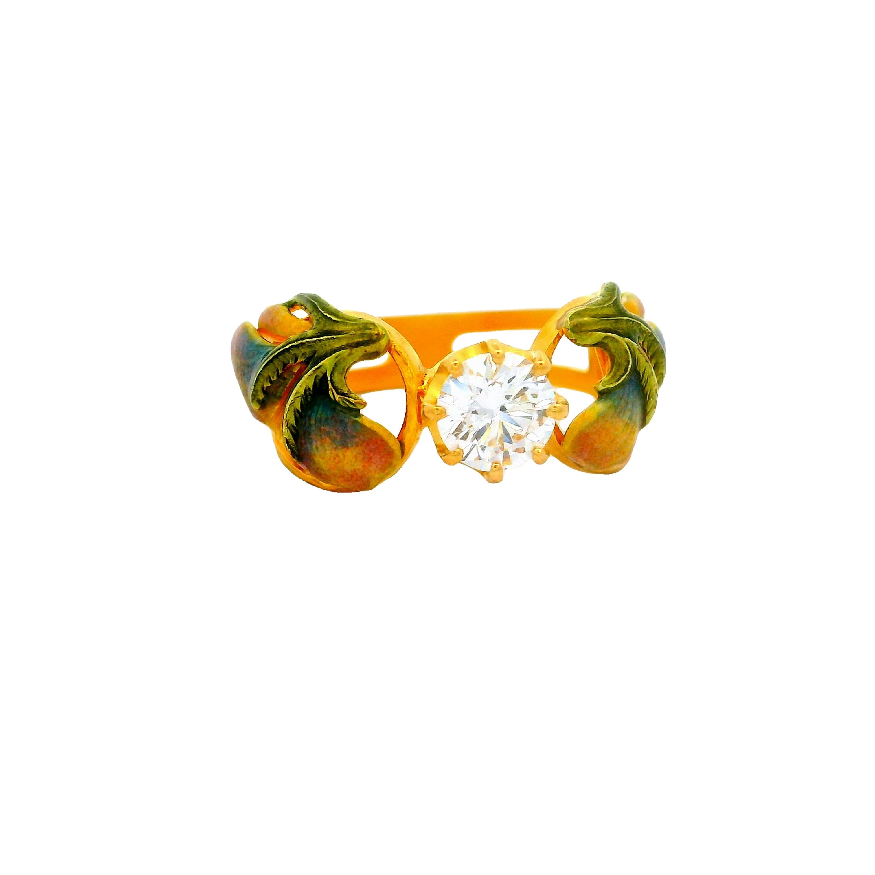 Masriera Diamond Solitaire Enamel 18k Yellow Gold Ring