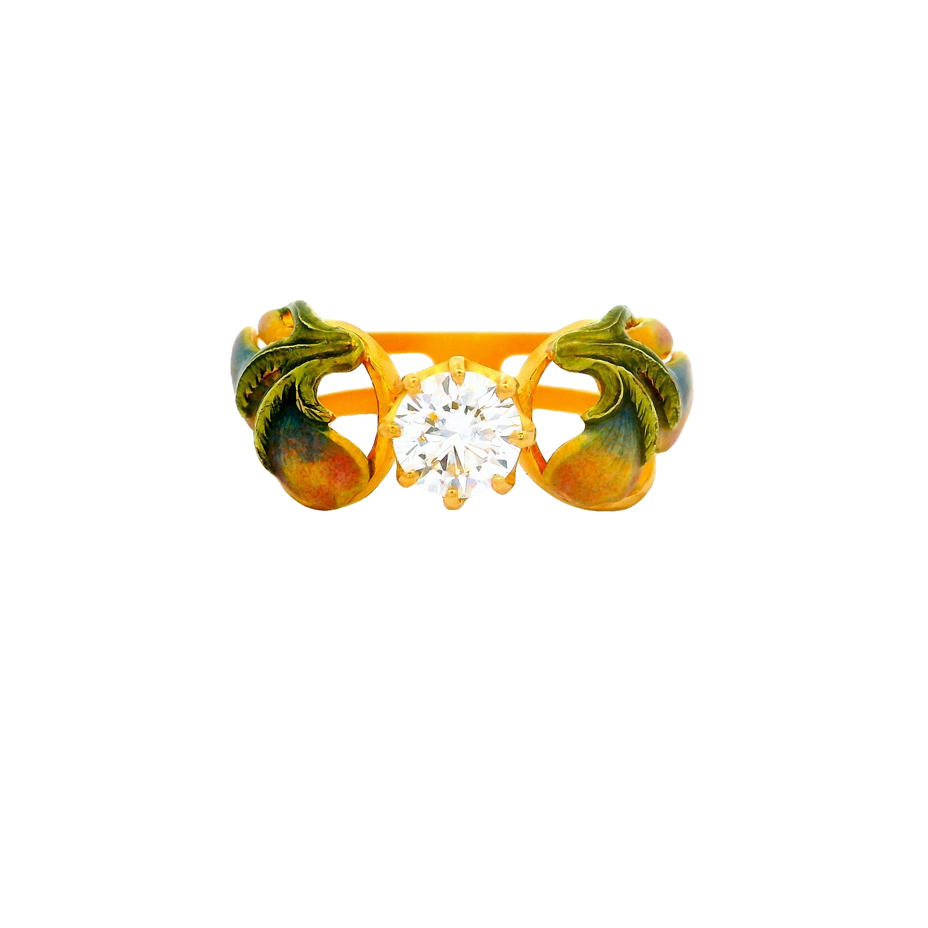 Masriera Diamond Solitaire Enamel 18k Yellow Gold Ring