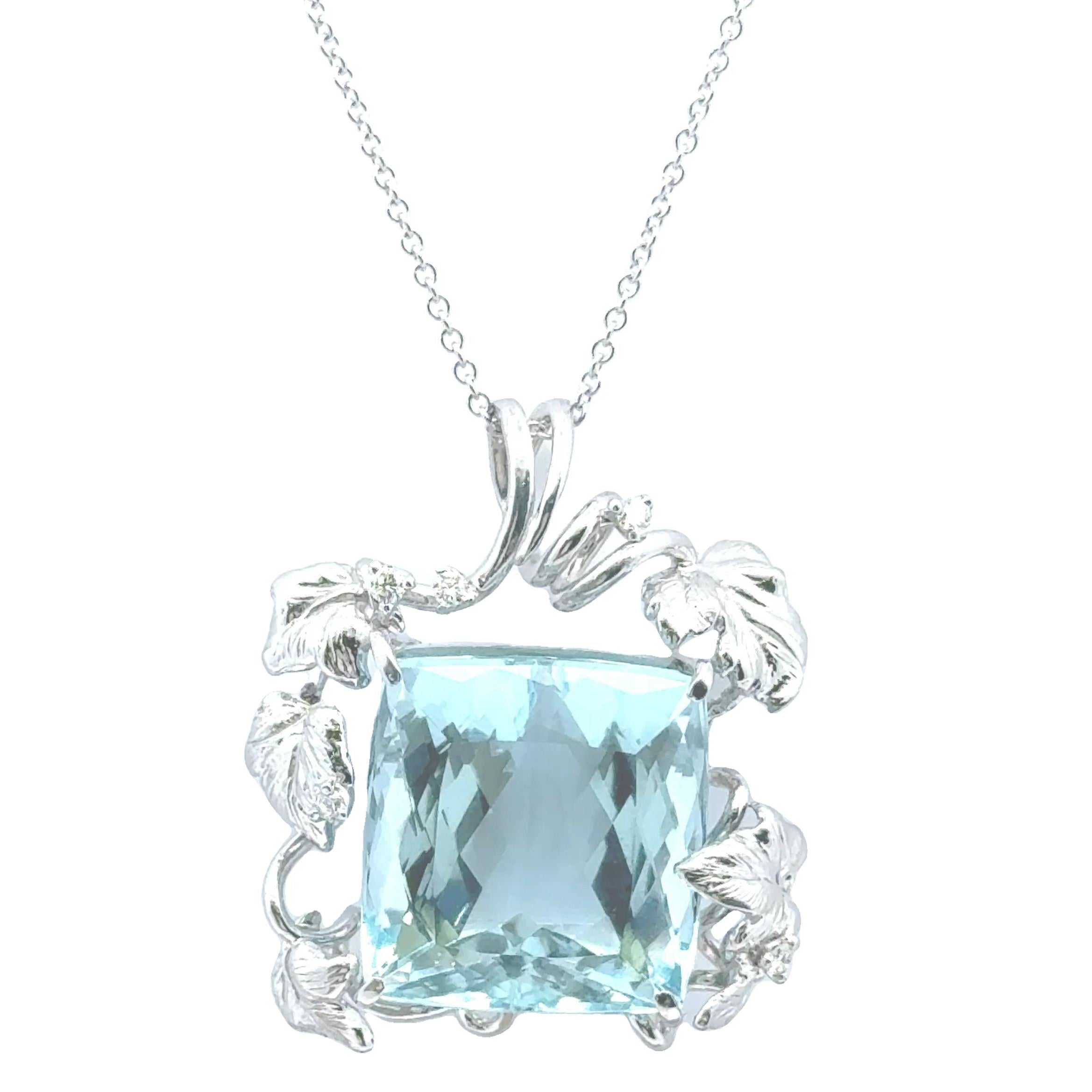 24.56 Carat Aquamarine Diamond 18k White Gold Pendant Necklace