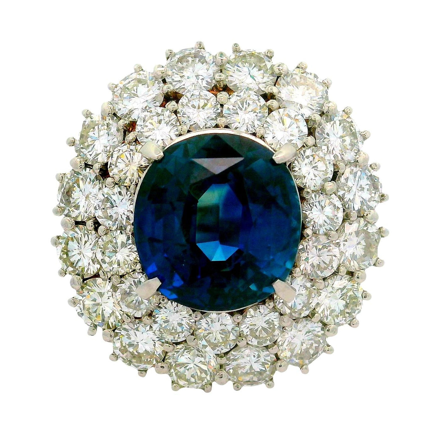 12.13 Carat Blue Sapphire Diamond Double Halo Platinum Ring