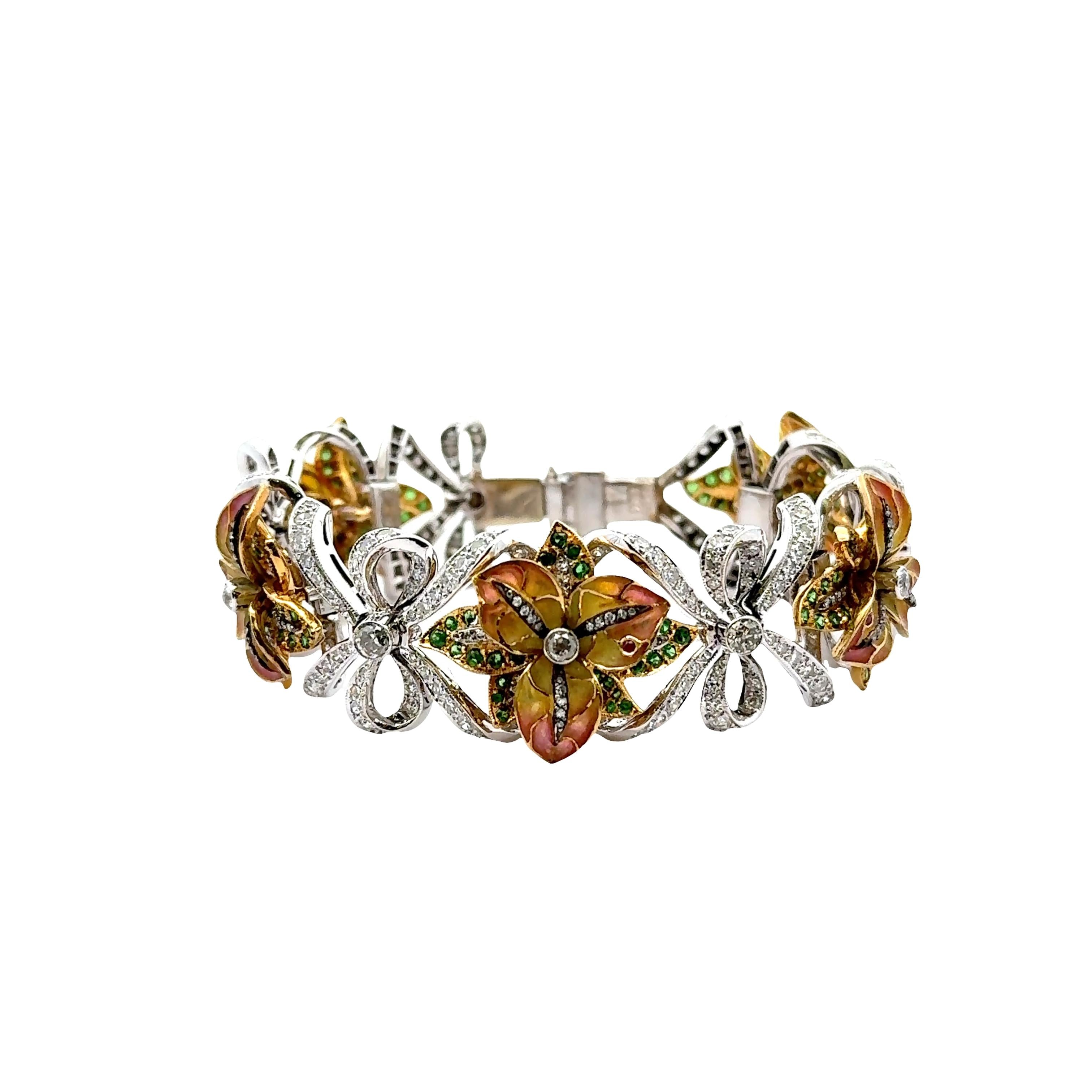 Diamond Tsavorite Ruby Enamel 18k White-Yellow Gold Flower-Ribbon Bracelet
