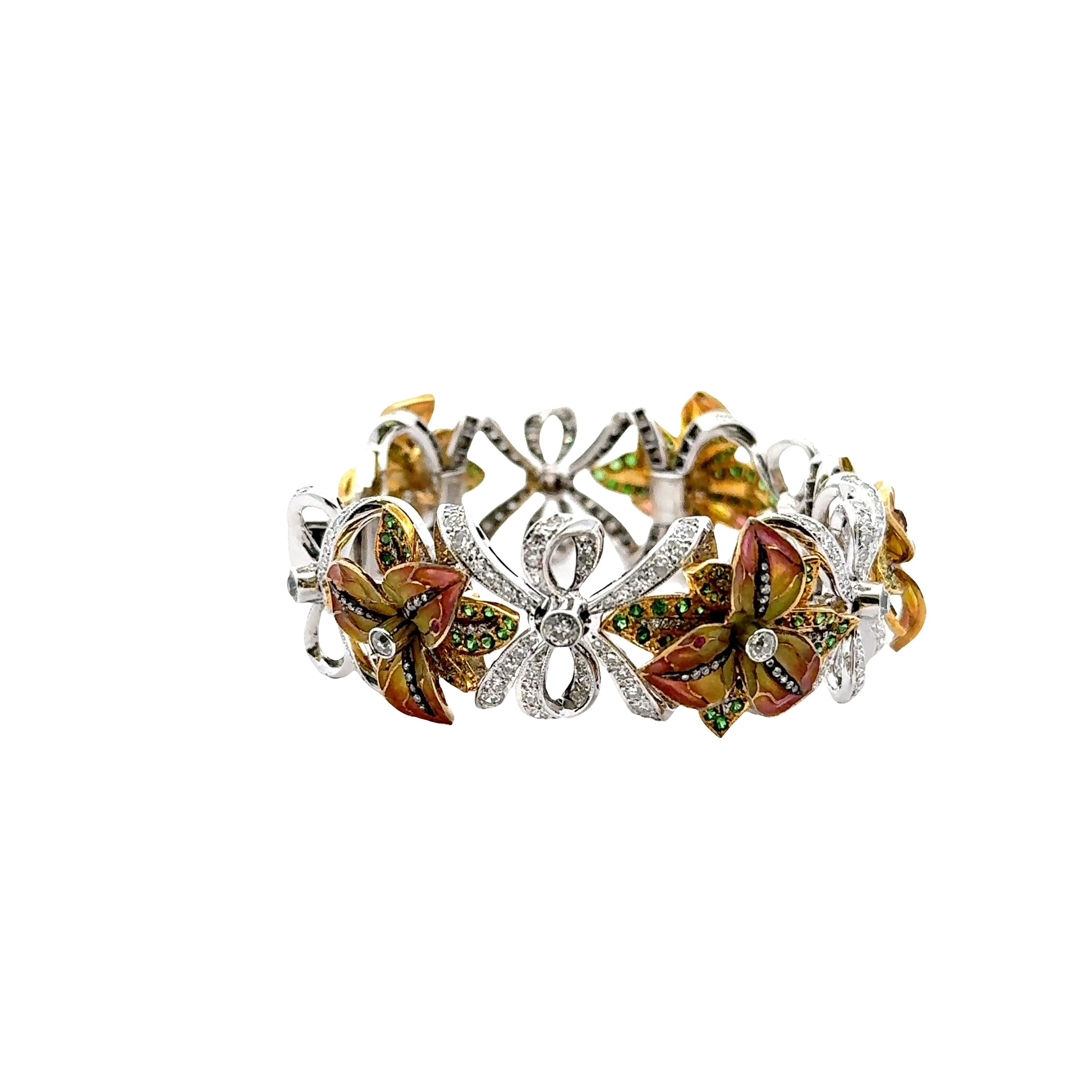 Diamond Tsavorite Ruby Enamel 18k White-Yellow Gold Flower-Ribbon Bracelet