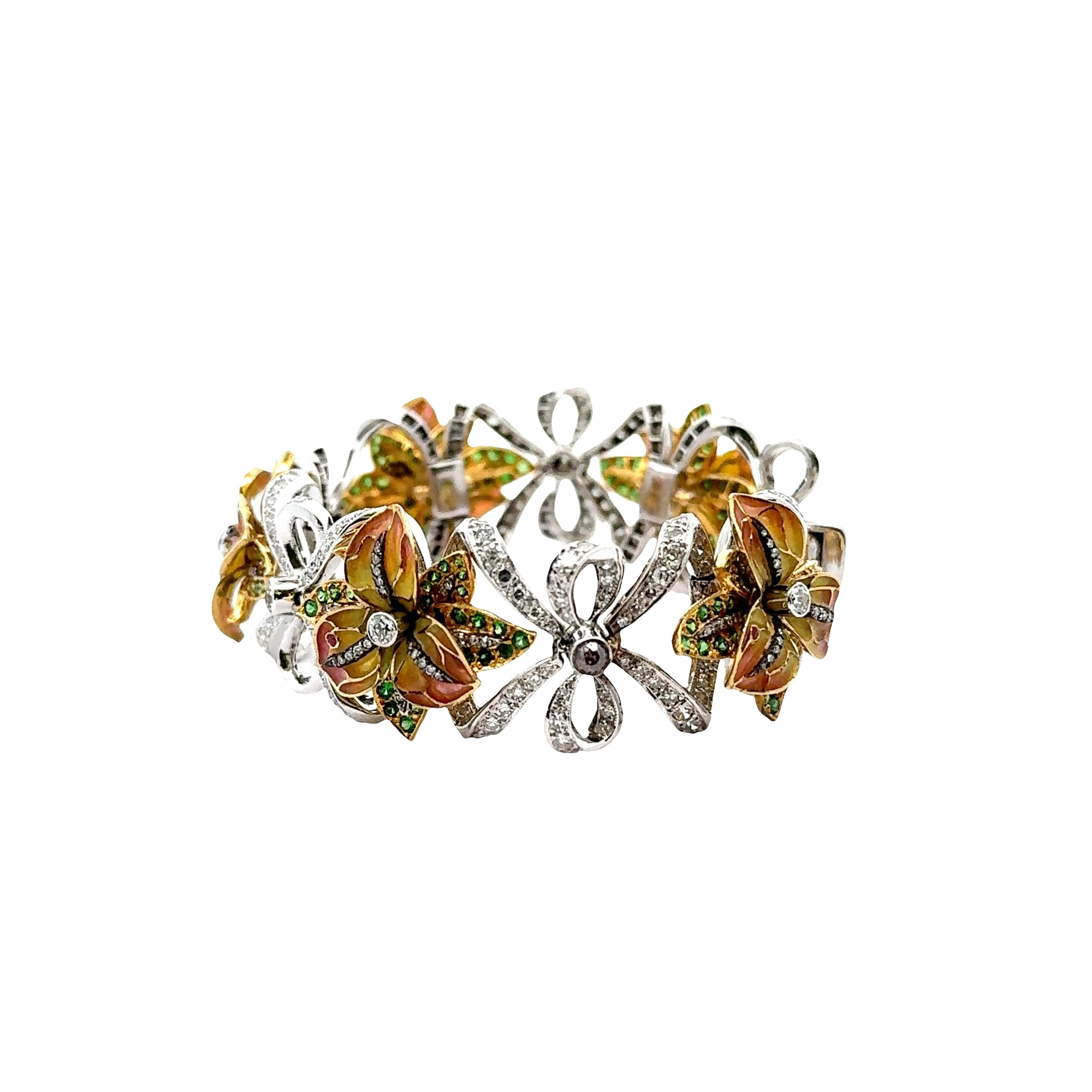 Diamond Tsavorite Ruby Enamel 18k White-Yellow Gold Flower-Ribbon Bracelet