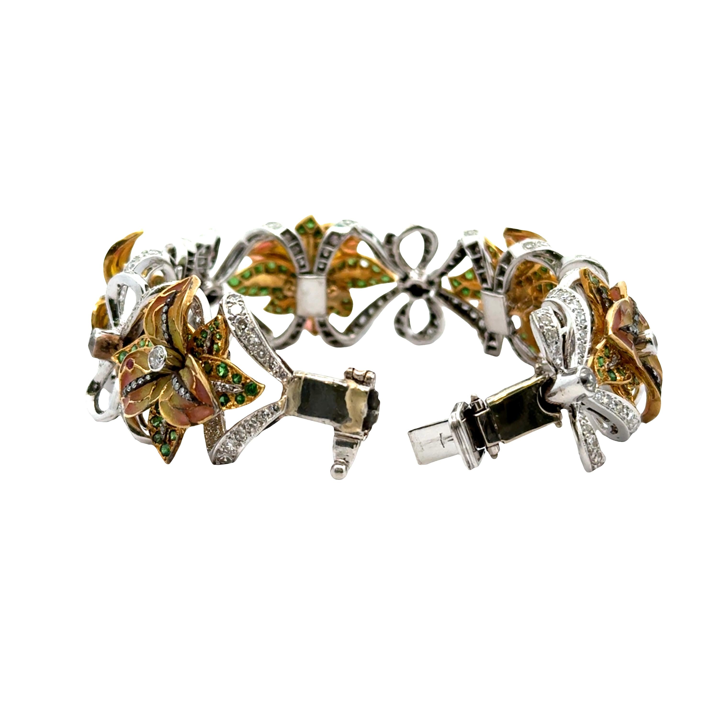 Diamond Tsavorite Ruby Enamel 18k White-Yellow Gold Flower-Ribbon Bracelet