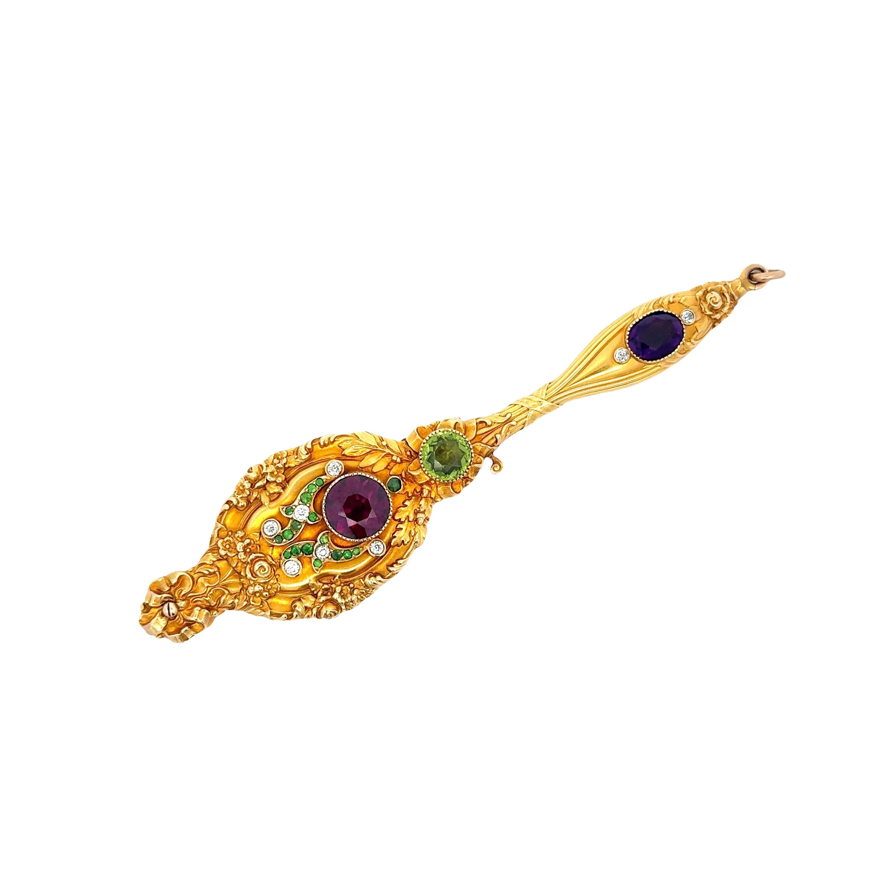 Art Nouveau Garnet Peridot Amethyst Diamond 14k Yellow Lorgnette Pendant