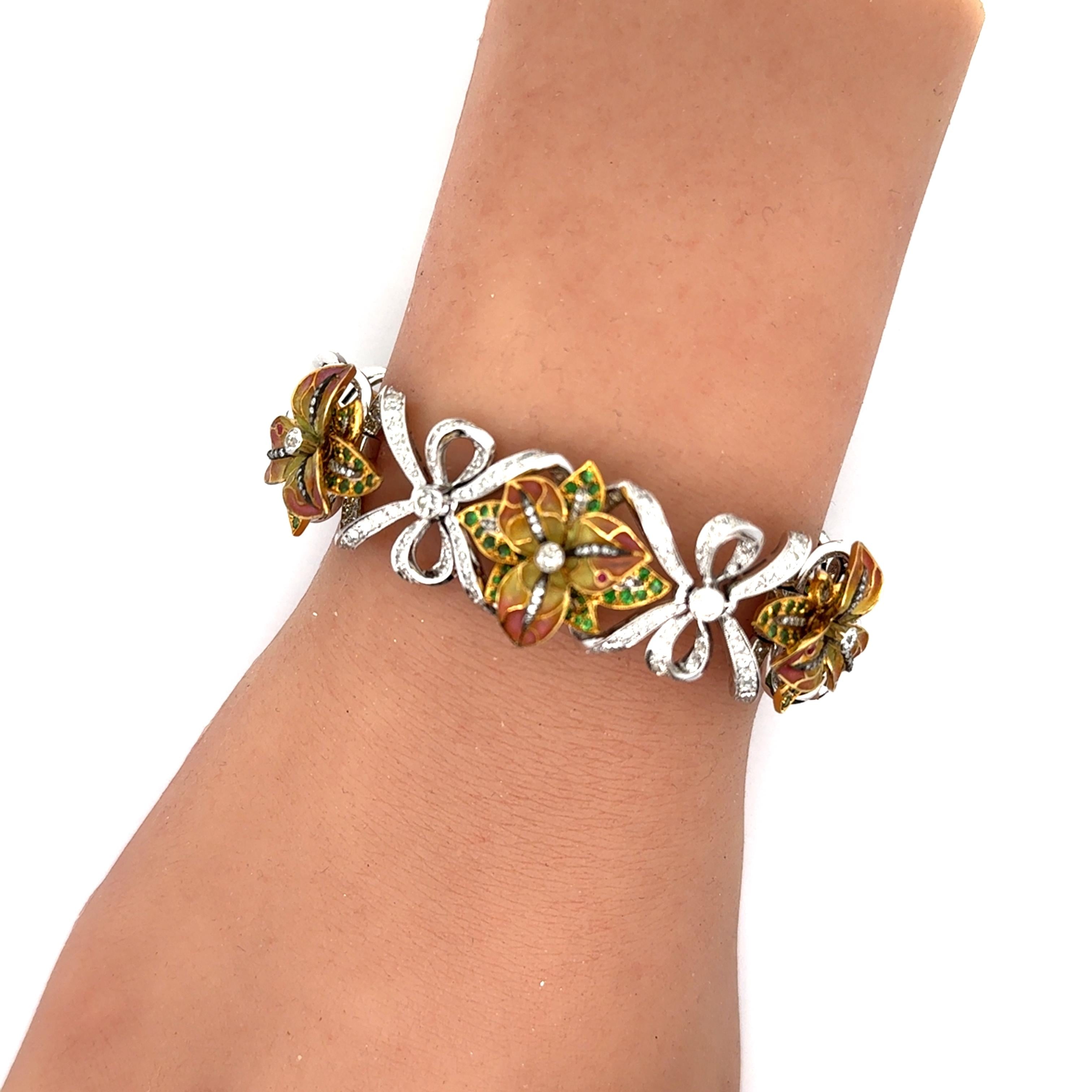 Diamond Tsavorite Ruby Enamel 18k White-Yellow Gold Flower-Ribbon Bracelet