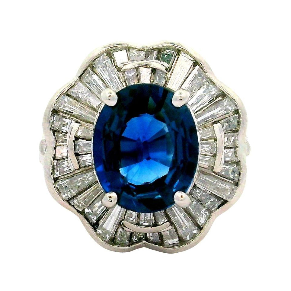 3.05 Carat Blue Sapphire Diamond Platinum Ballerina Ring