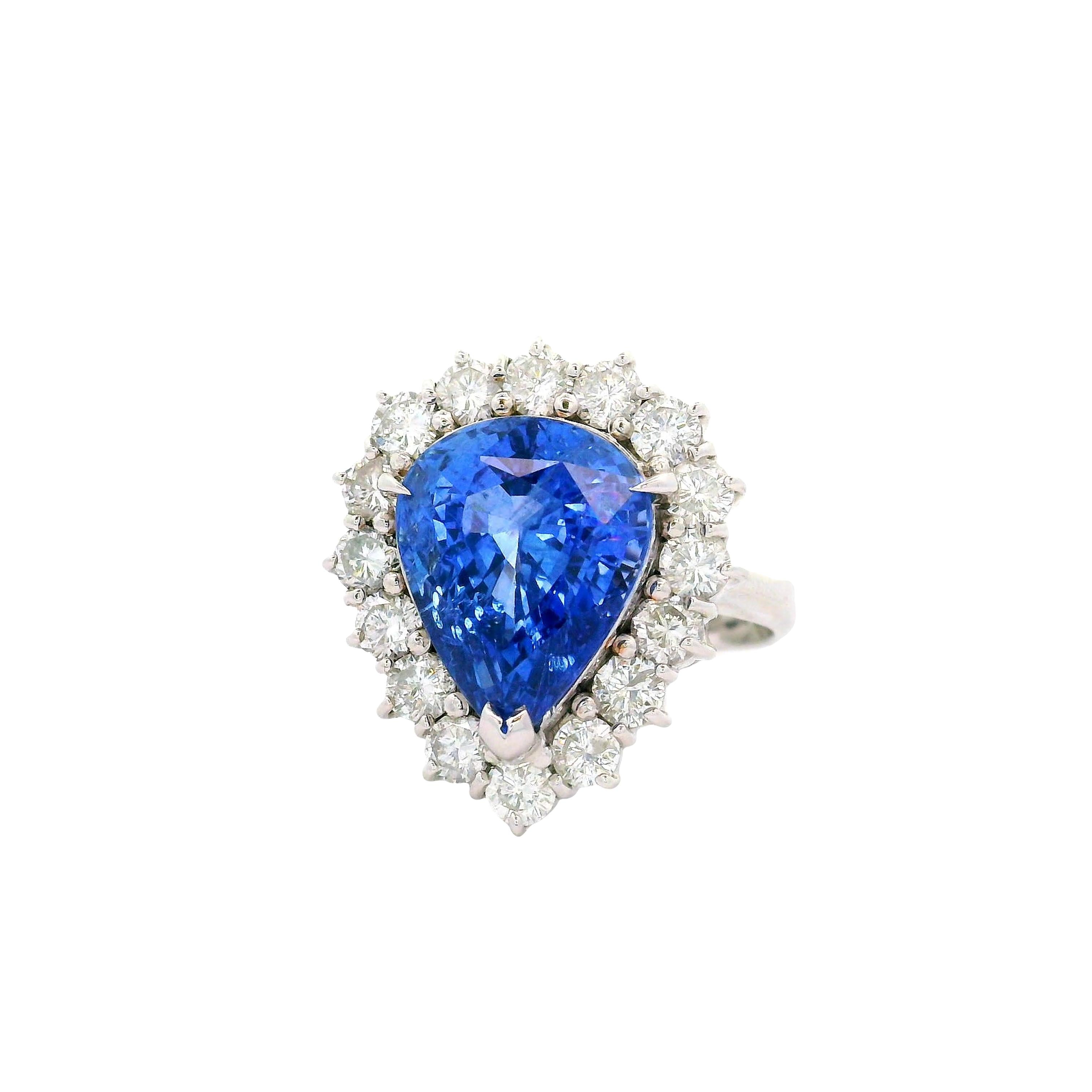 7.67 Carat Blue Sapphire Diamond Halo 18K White Gold Ring