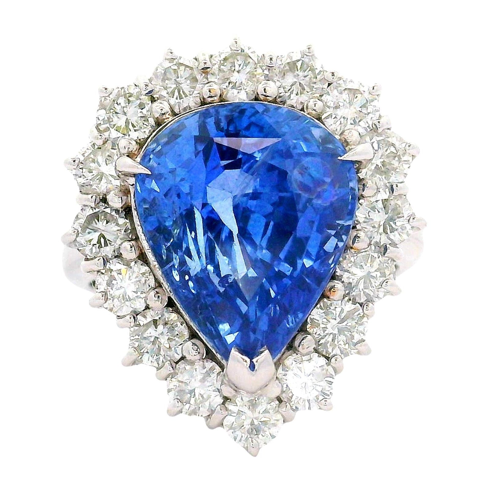 7.67 Carat Blue Sapphire Diamond Halo 18K White Gold Ring