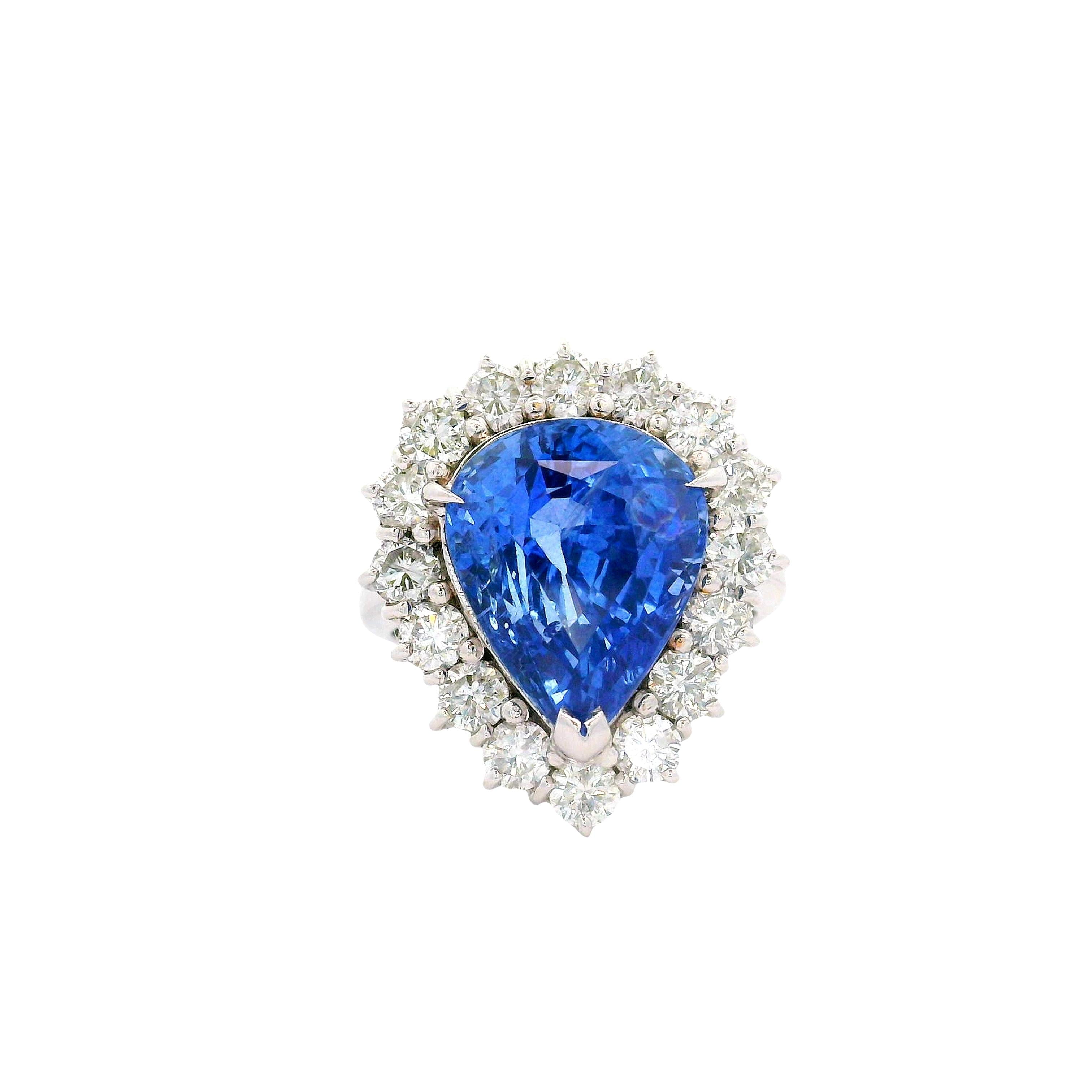 7.67 Carat Blue Sapphire Diamond Halo 18K White Gold Ring