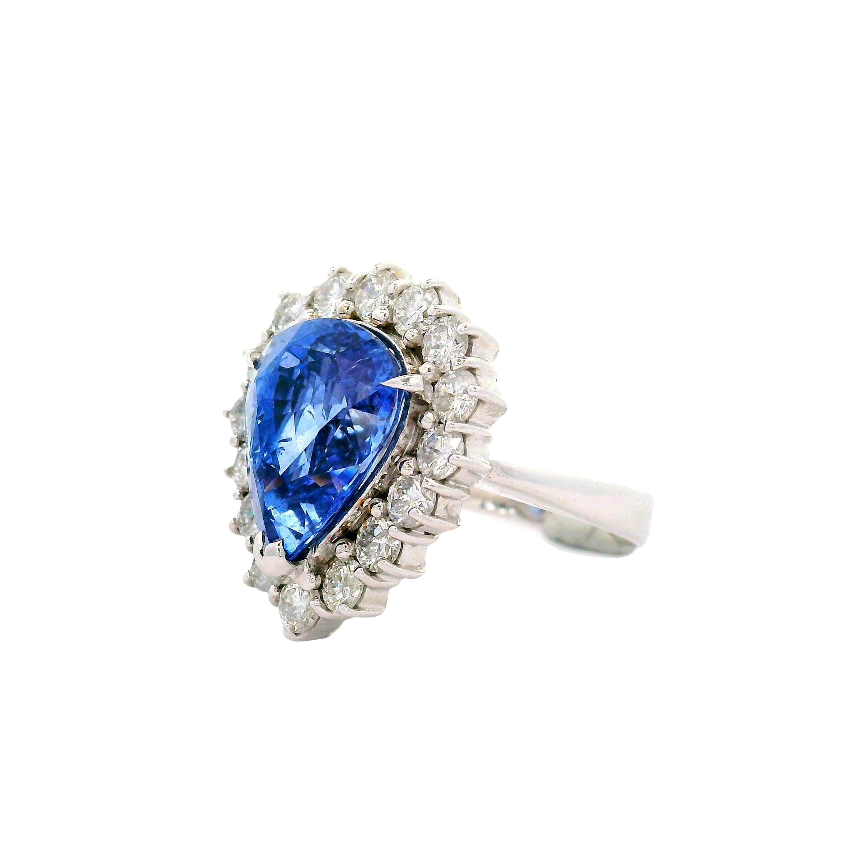7.67 Carat Blue Sapphire Diamond Halo 18K White Gold Ring
