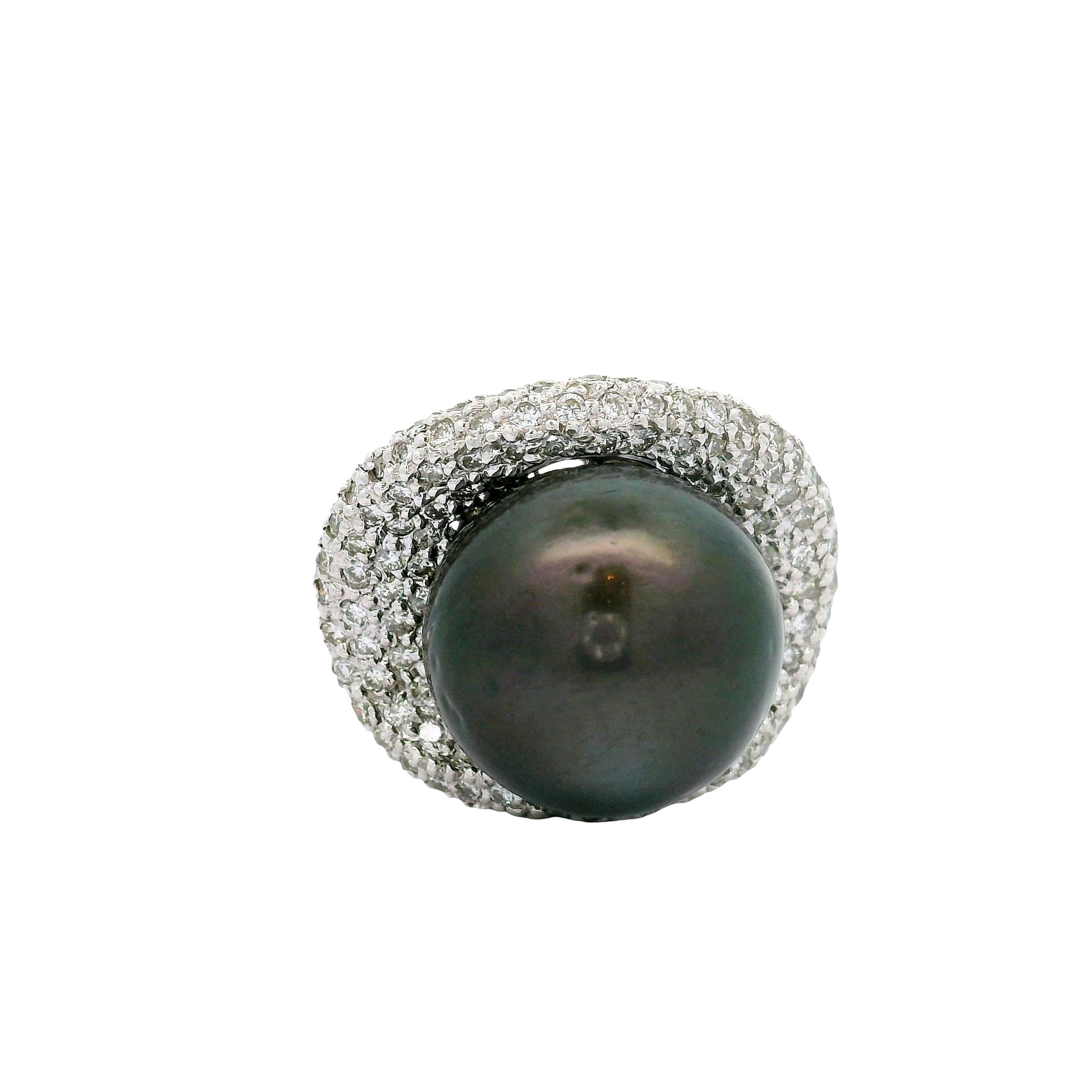 16.5mm Tahitian Black Pearl Diamond Pave Platinum Cocktail Ring