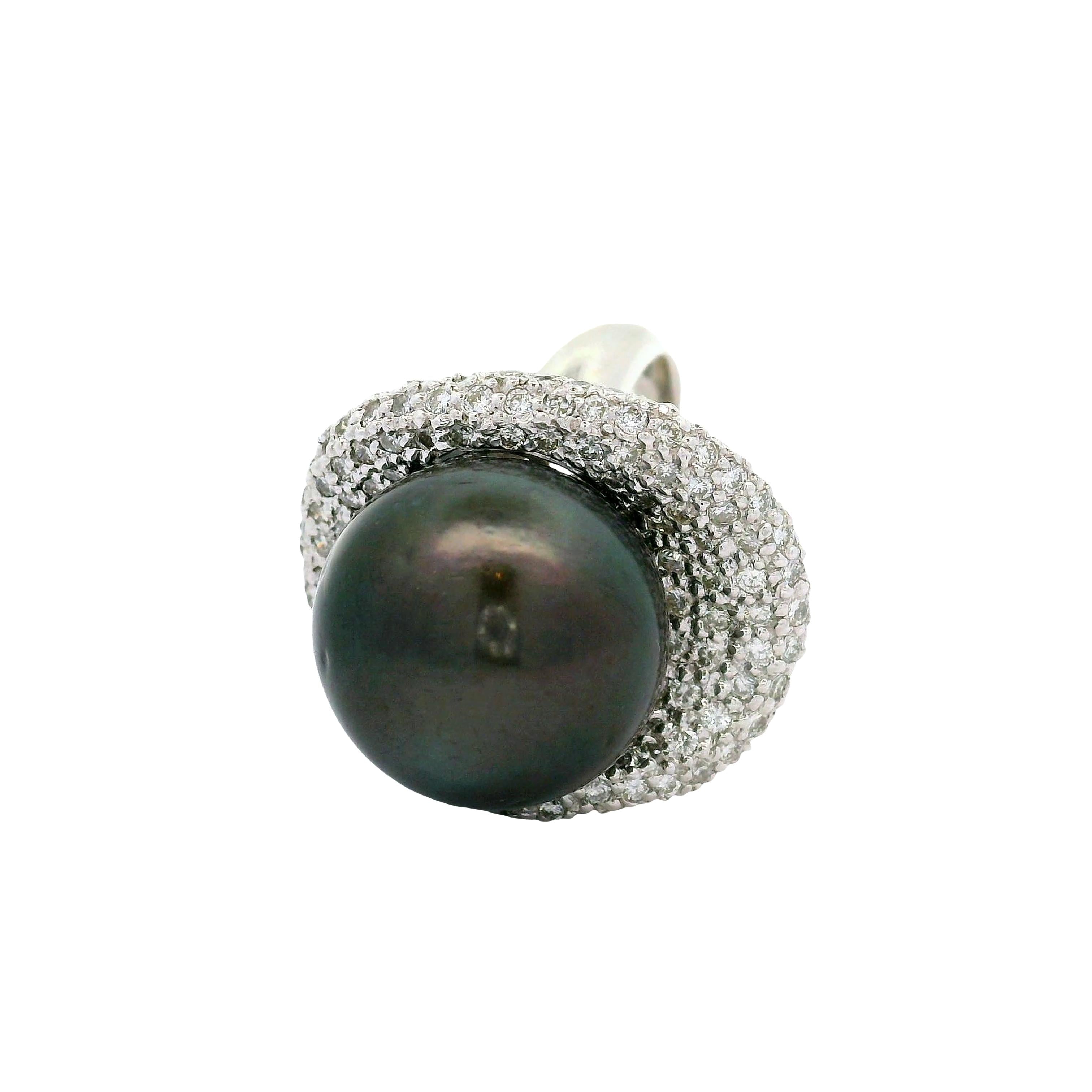 16.5mm Tahitian Black Pearl Diamond Pave Platinum Cocktail Ring