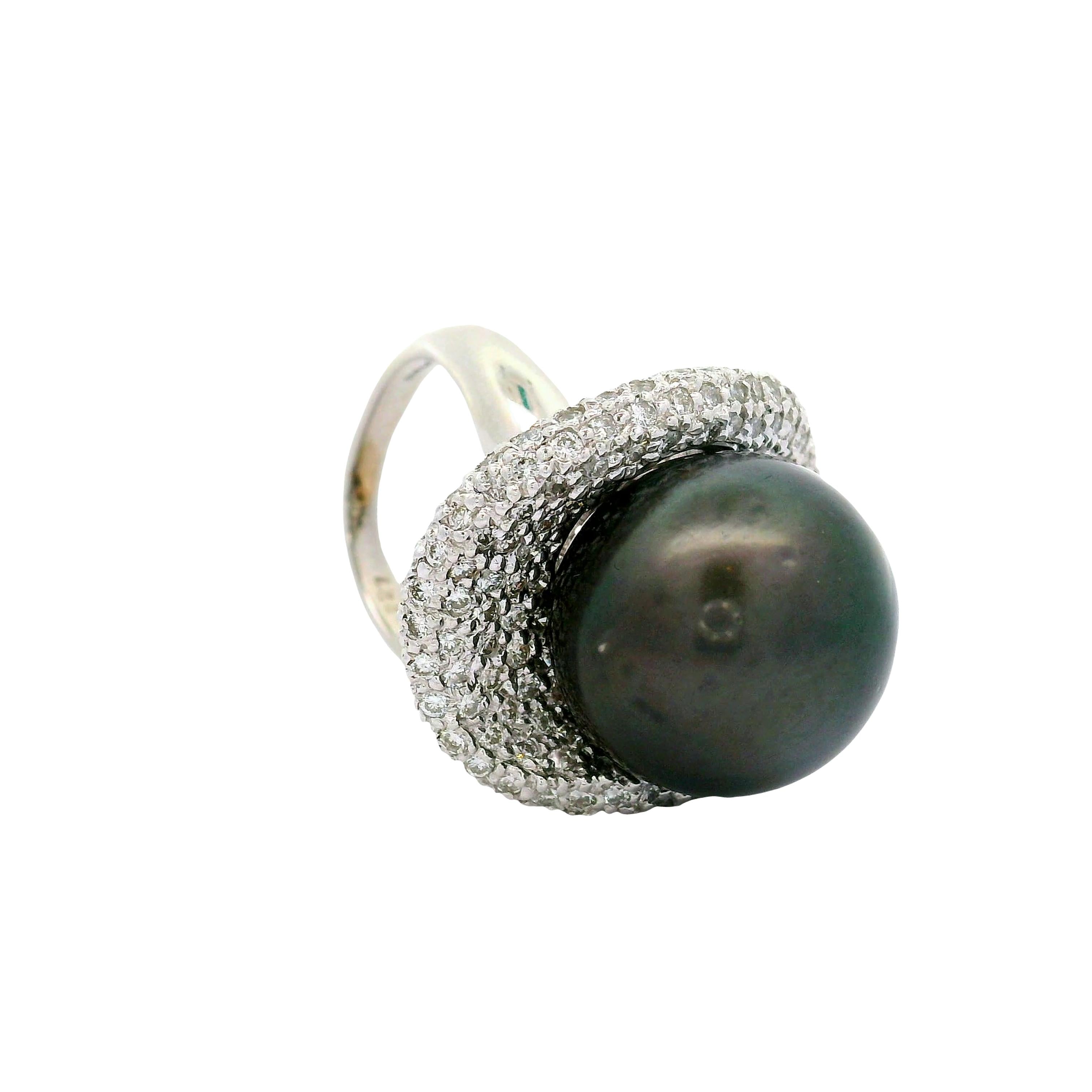 16.5mm Tahitian Black Pearl Diamond Pave Platinum Cocktail Ring