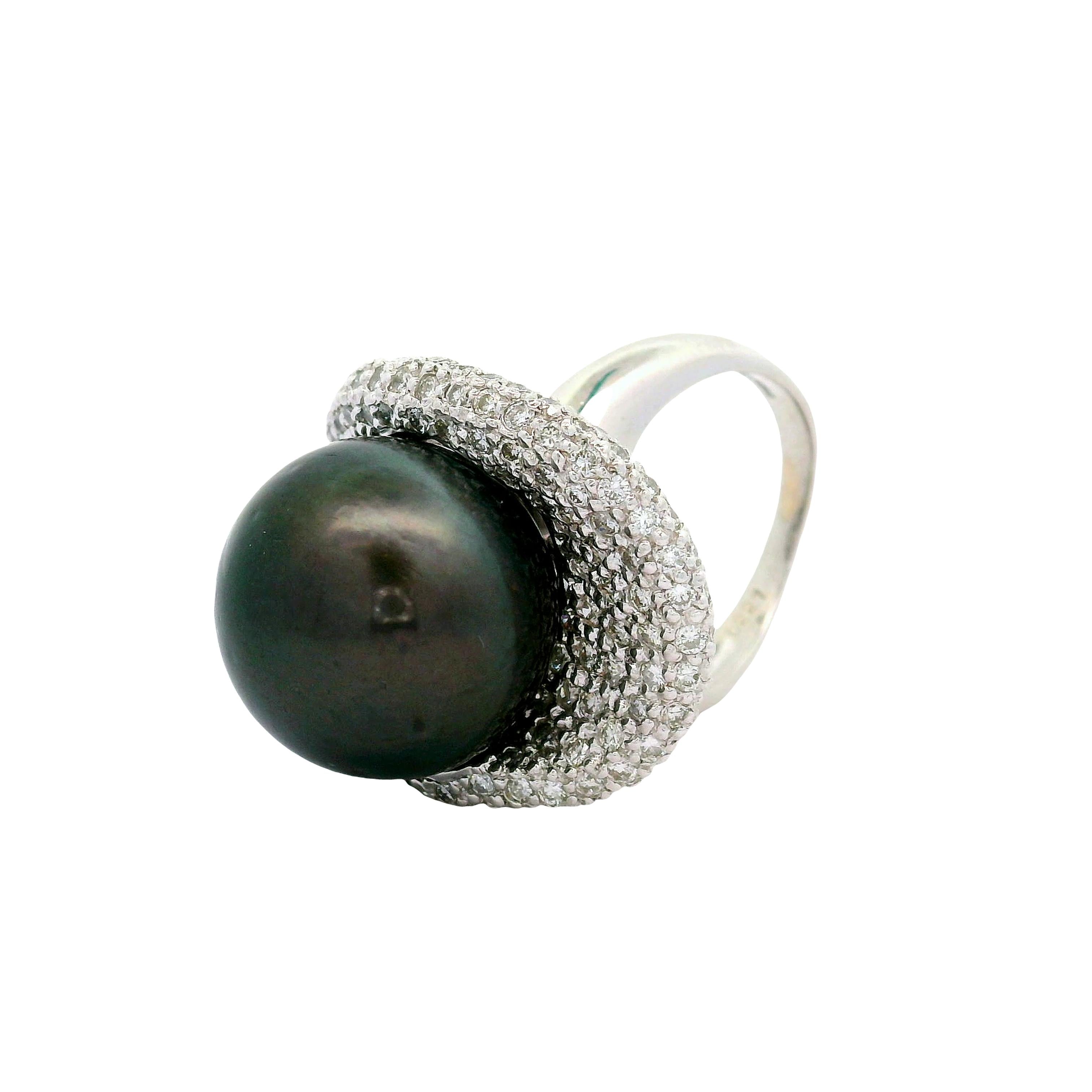 16.5mm Tahitian Black Pearl Diamond Pave Platinum Cocktail Ring