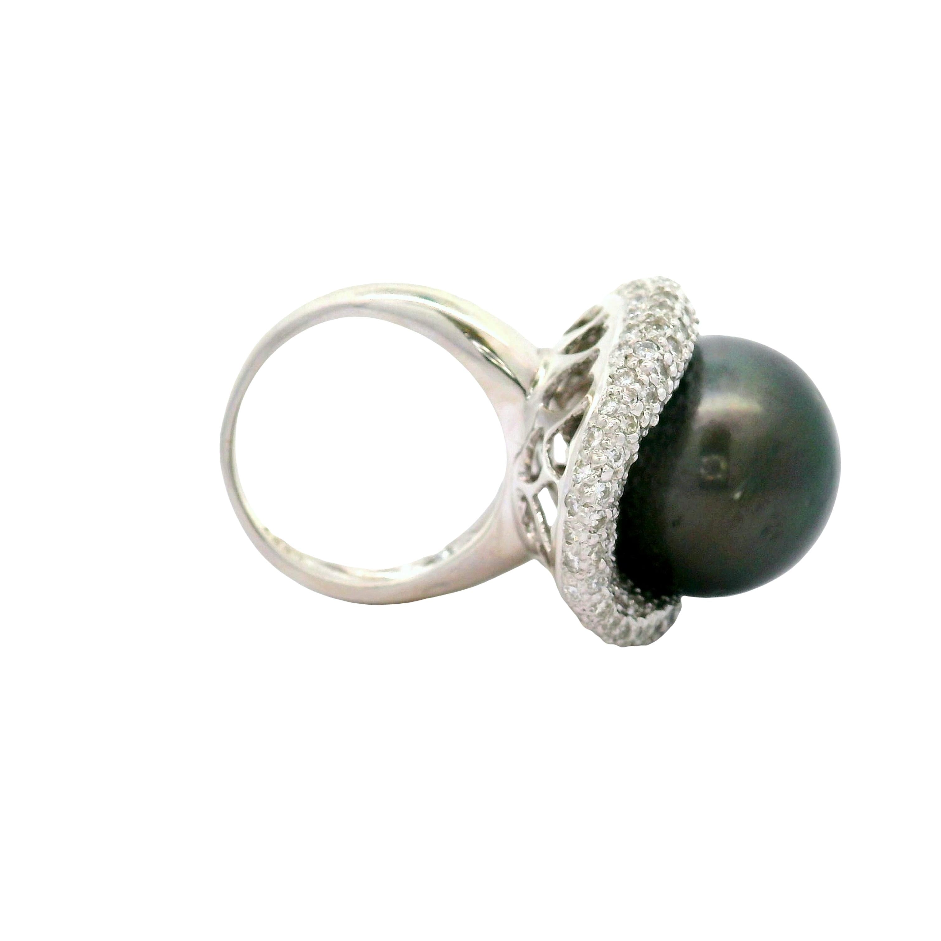 16.5mm Tahitian Black Pearl Diamond Pave Platinum Cocktail Ring