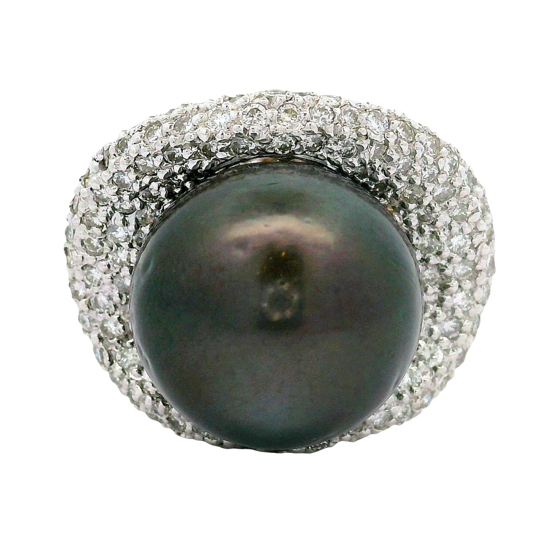 16.5mm Tahitian Black Pearl Diamond Pave Platinum Cocktail Ring