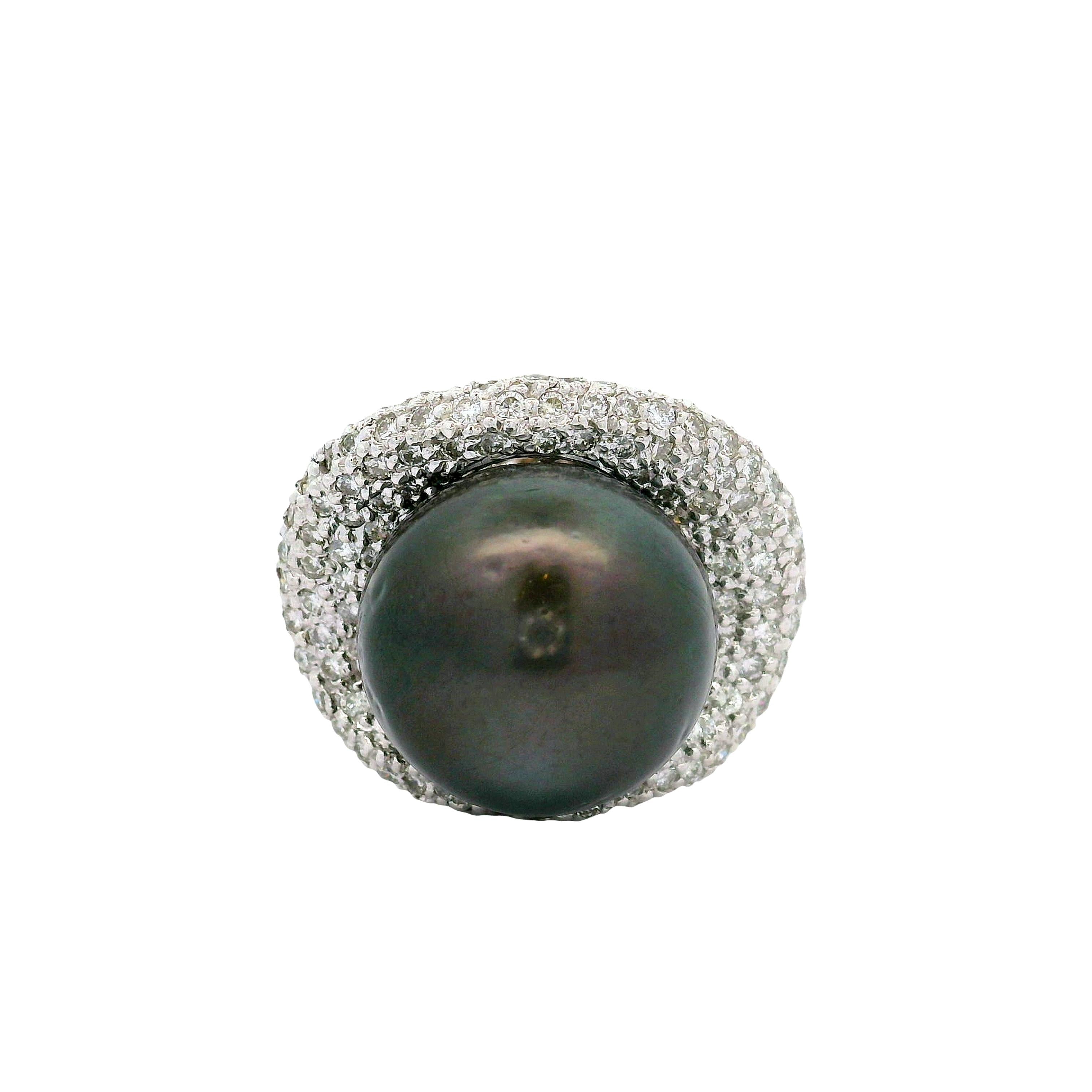 16.5mm Tahitian Black Pearl Diamond Pave Platinum Cocktail Ring