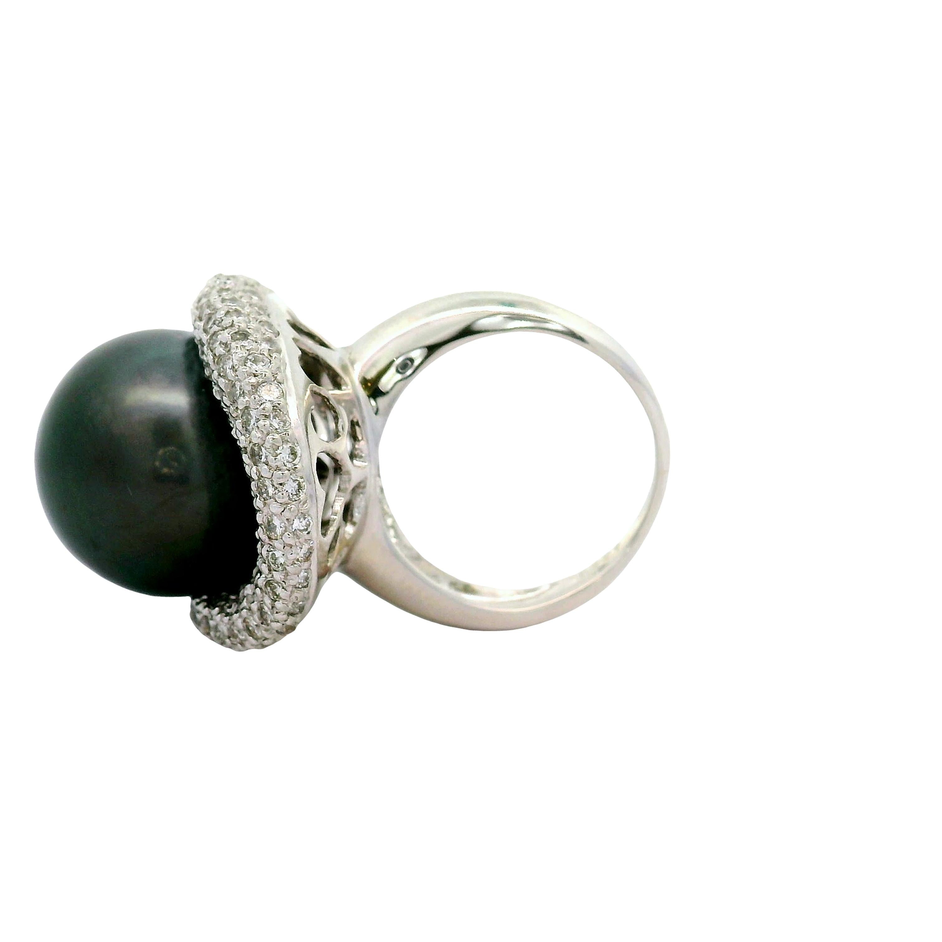 16.5mm Tahitian Black Pearl Diamond Pave Platinum Cocktail Ring