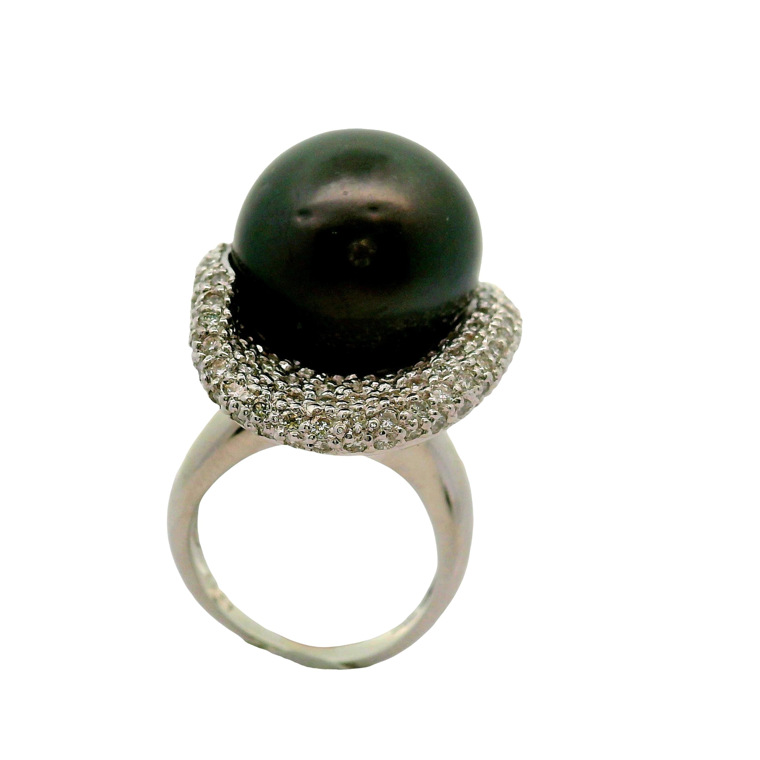 16.5mm Tahitian Black Pearl Diamond Pave Platinum Cocktail Ring