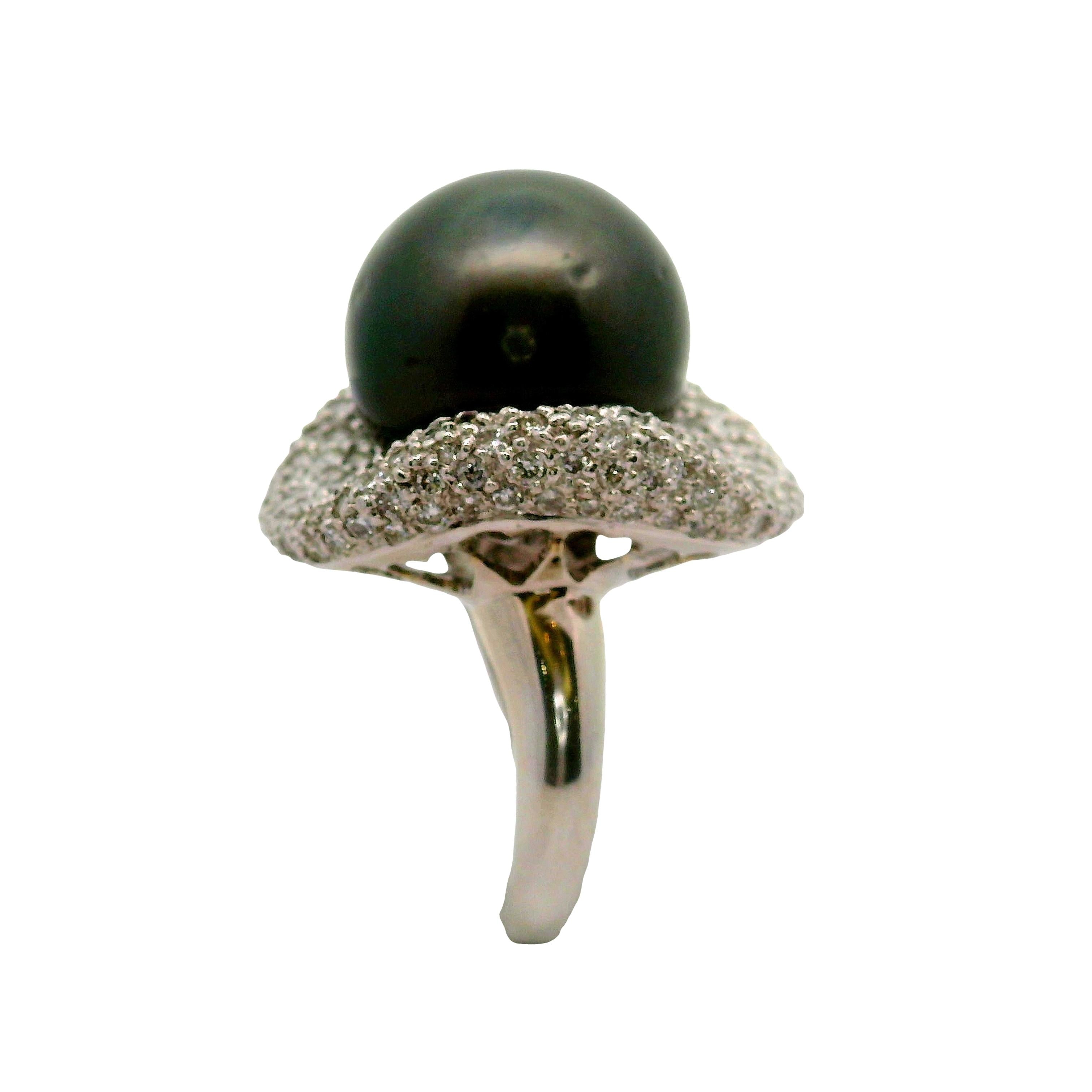 16.5mm Tahitian Black Pearl Diamond Pave Platinum Cocktail Ring