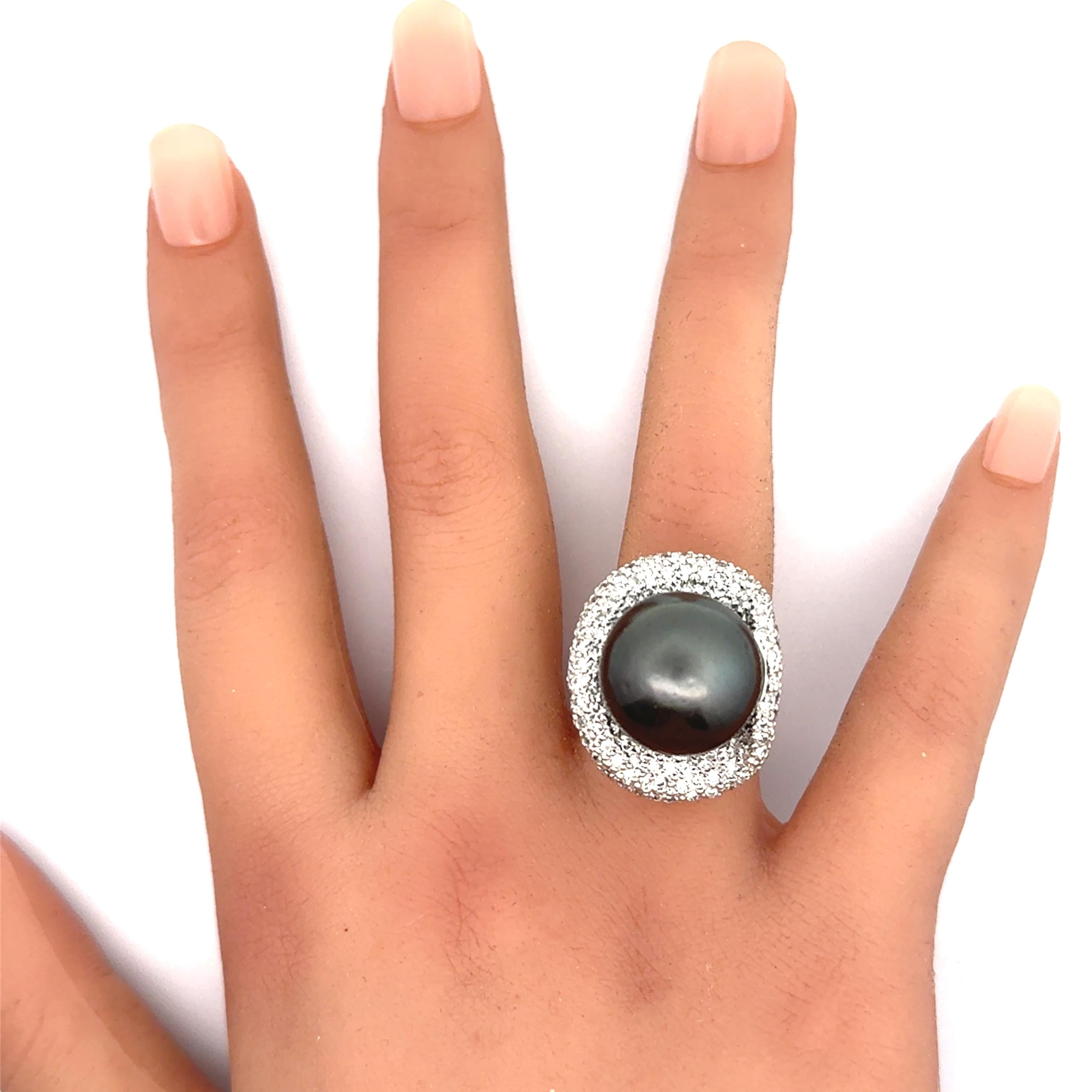 16.5mm Tahitian Black Pearl Diamond Pave Platinum Cocktail Ring