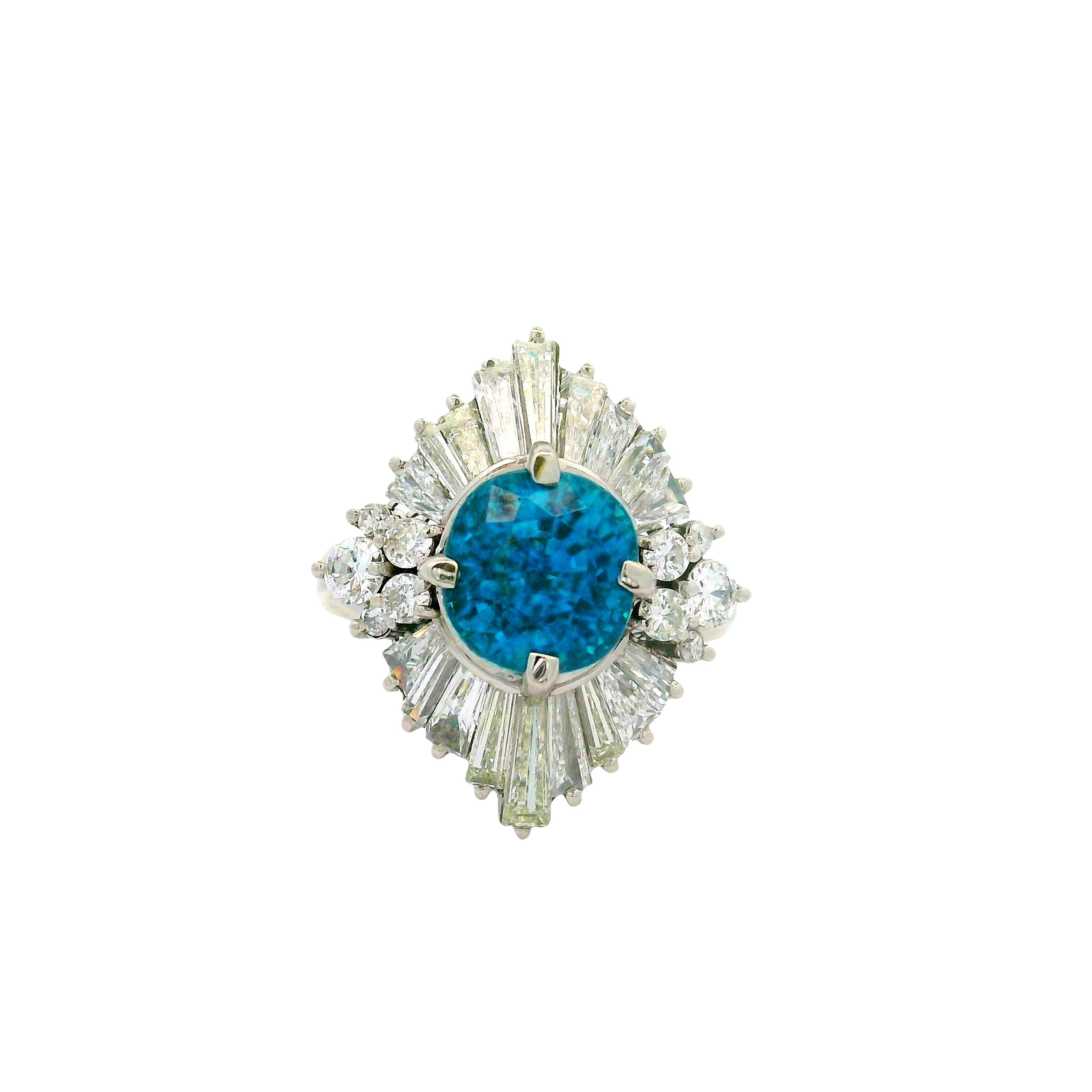5.00 Carat Blue Zircon Diamond Platinum Burst Ring