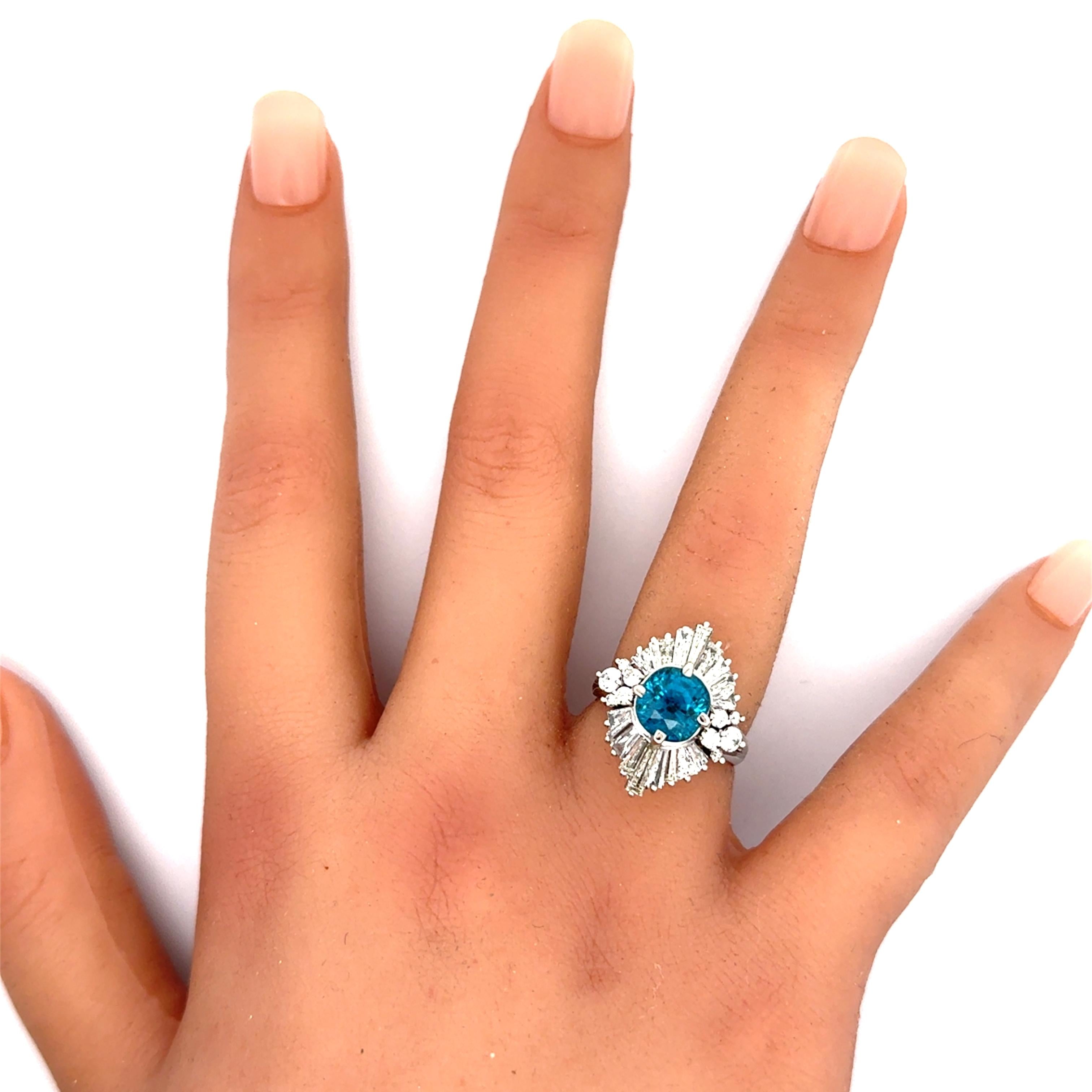 5.00 Carat Blue Zircon Diamond Platinum Burst Ring