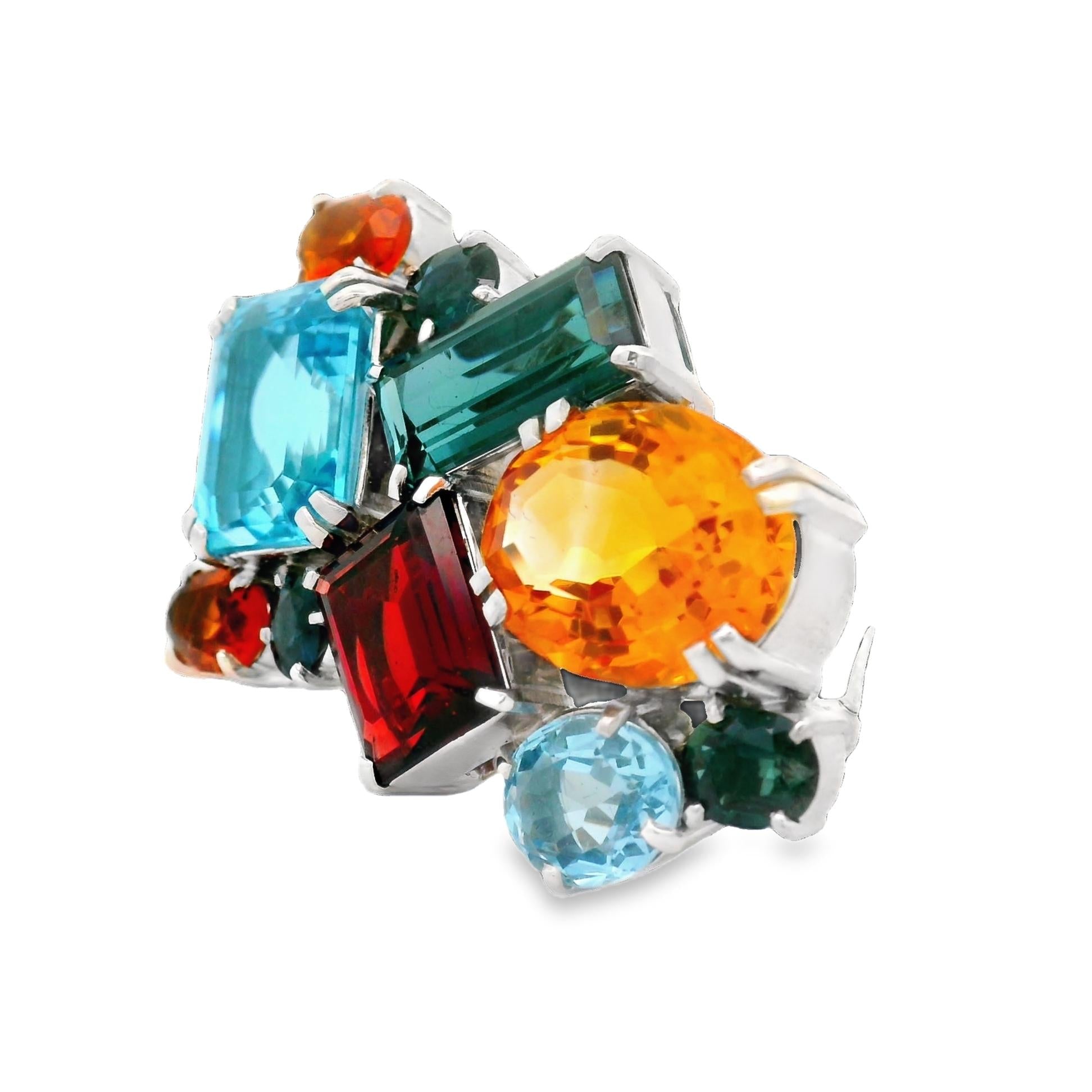 Multi-Colored Gemstone 18k White Gold Brooch Pendant